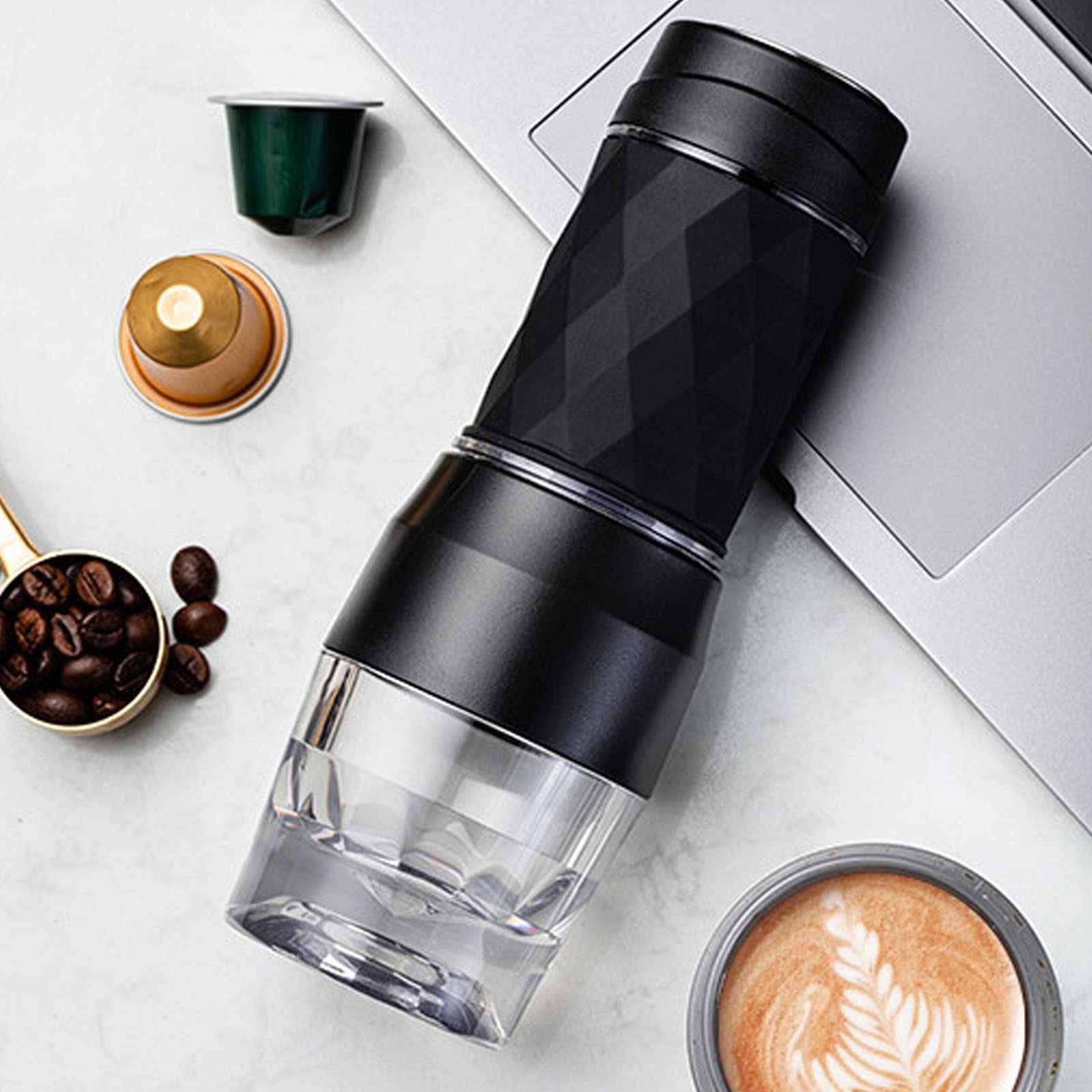 Portable Manual Espresso Maker - Travel Coffee Machine for Camping, Hiking & Outdoor Use - Compatible with Ground Coffee & Coffee Capsules (Black) - Perfect for Home, Office & Travel Adventures