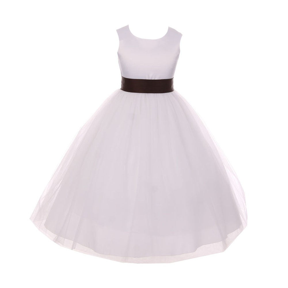 Elegant White & Brown Satin Sash Bow Junior Bridesmaid Dress for Big Girls - Size 8-14 | Perfect for Weddings, Formal Events & Special Occasions