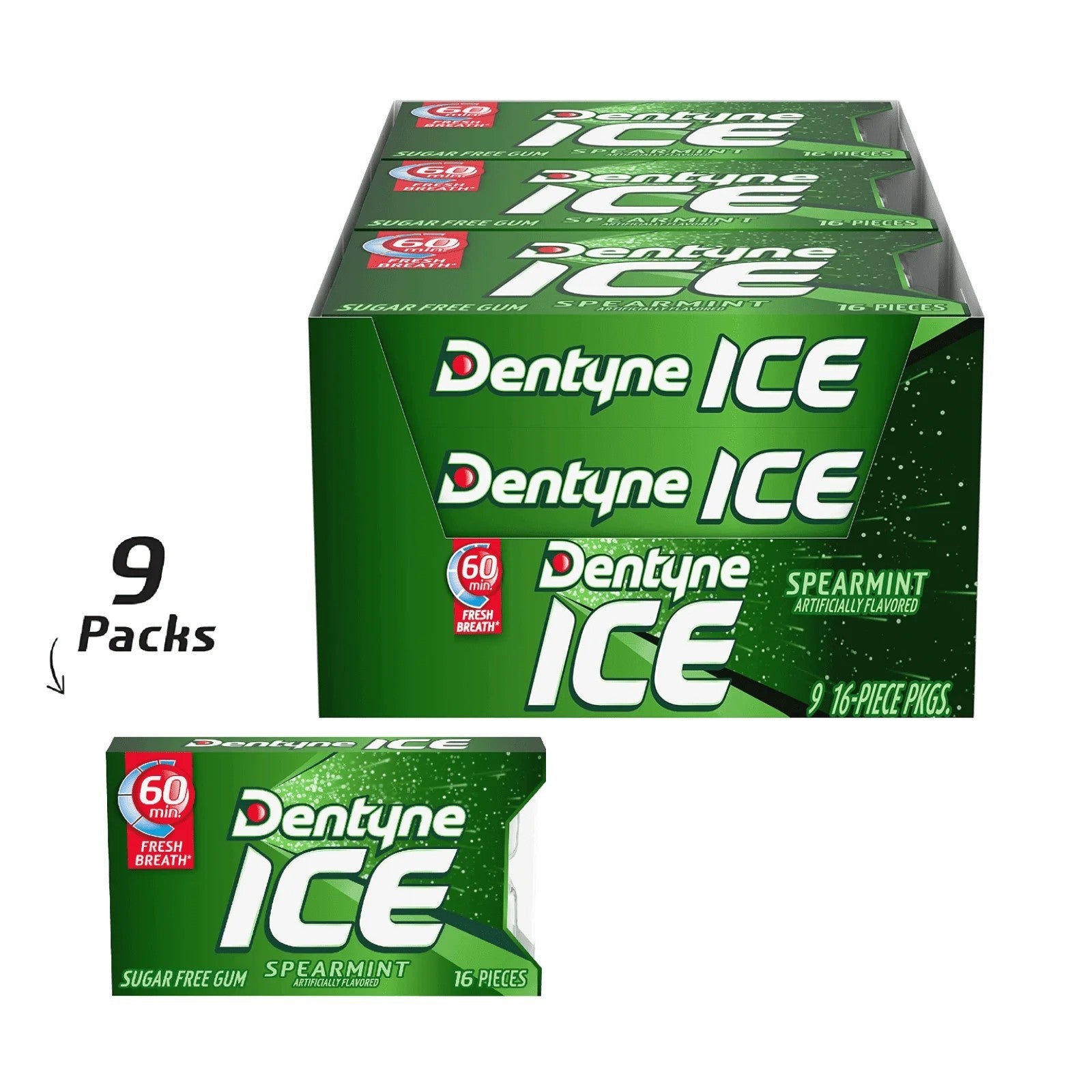 Dentyne Spearmint Sugar-Free Chewing Gum - 9 Count Box | Fresh Breath, Long-Lasting Flavor | Perfect for Work, Travel & On-the-Go Freshness