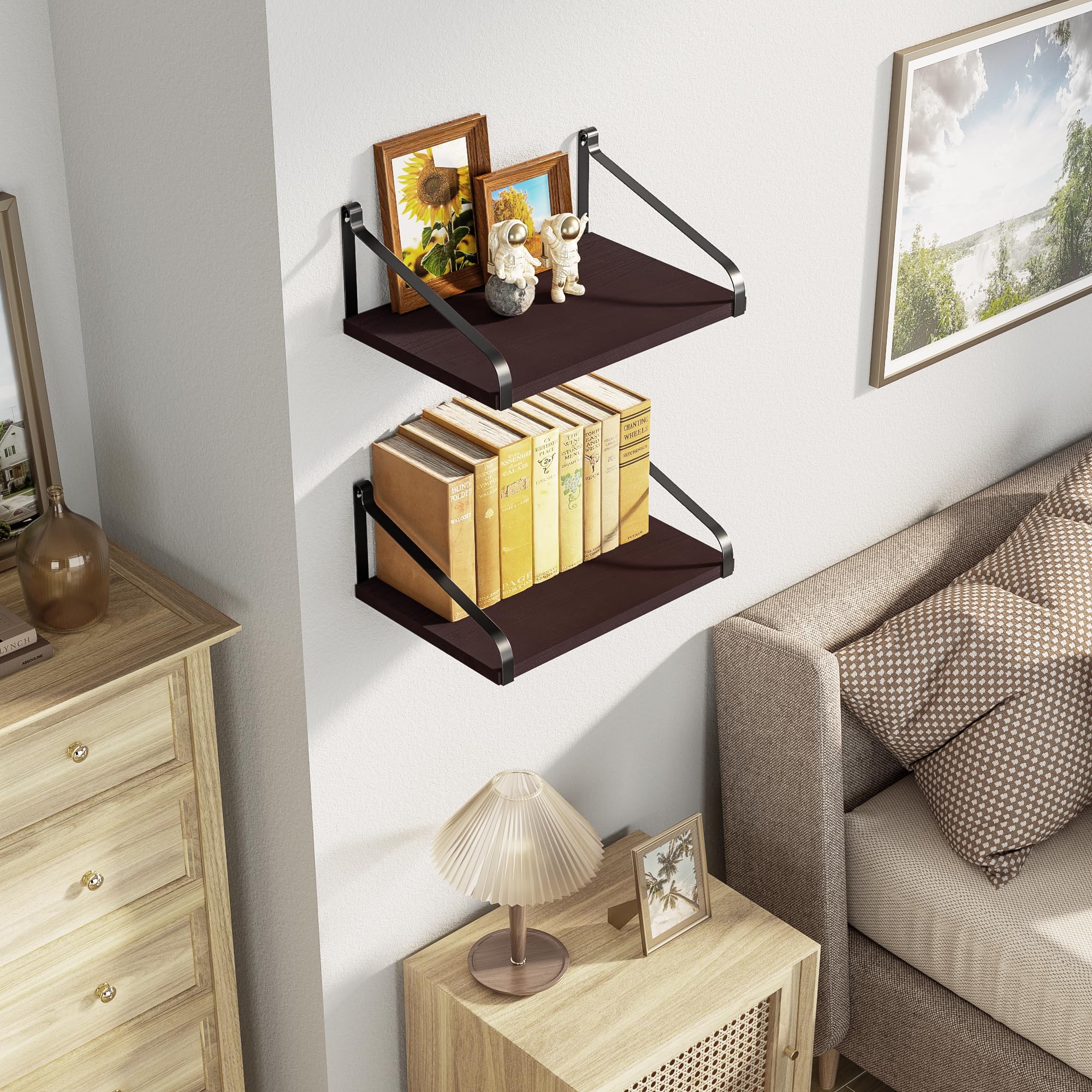 Floating Wall Shelves Set of 2 - Solid Wood Wall Mount Shelves 16.5