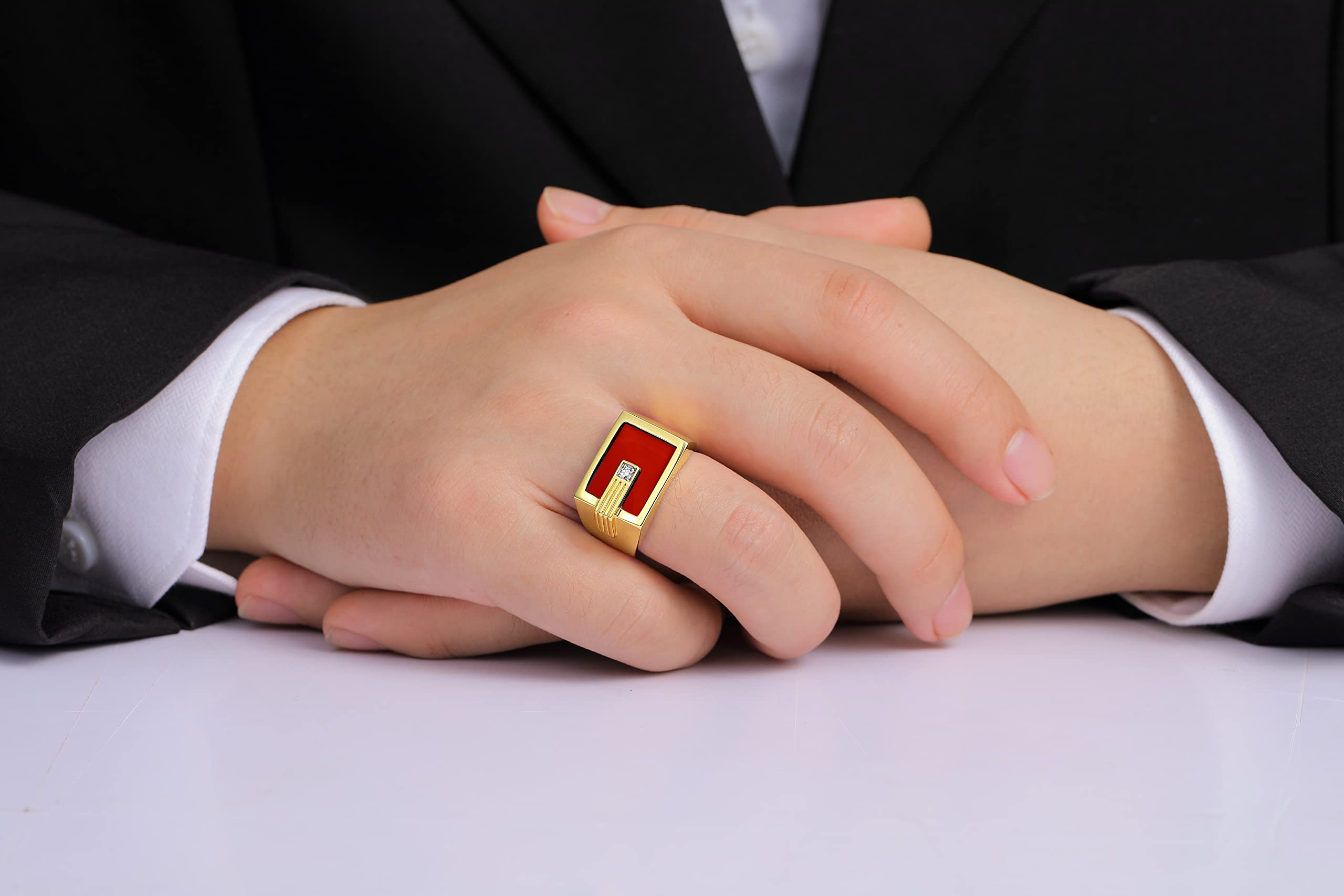 14K Yellow Gold Men's Ring with Diamond & Red Quartz - Designer Wedding Band for Men - Sizes 8-13 - Perfect for Gifts, Anniversaries & Special Occasions