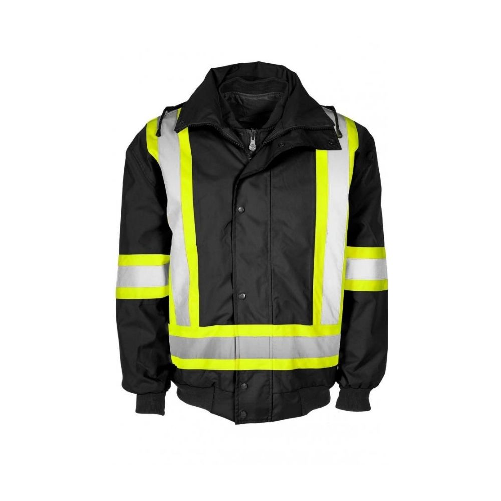 Terra Men's High Visibility 6-in-1 System Work Bomber Jacket - Black (116562) | Reflective Safety Jacket for Construction, Road Work & Outdoor Labor