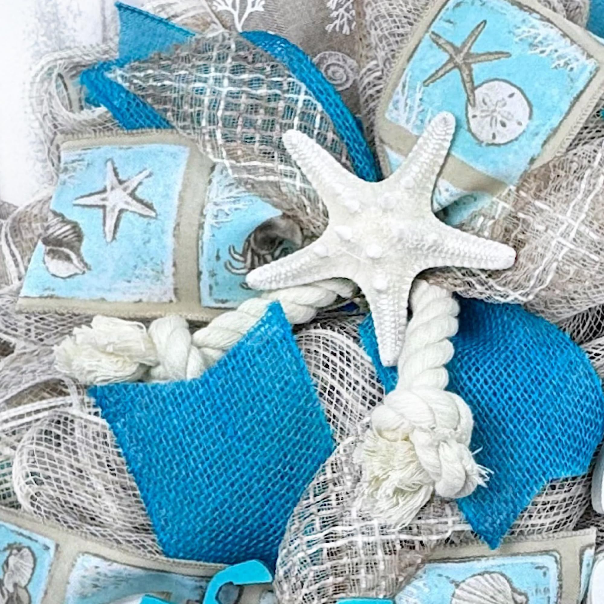 Handmade Coastal Beach Wreath with White Sand Deco Mesh, Starfish, Sand Dollar & Seashells - Perfect for Ocean-Themed Home Decor, Front Door Welcome or Beach House Wall Art