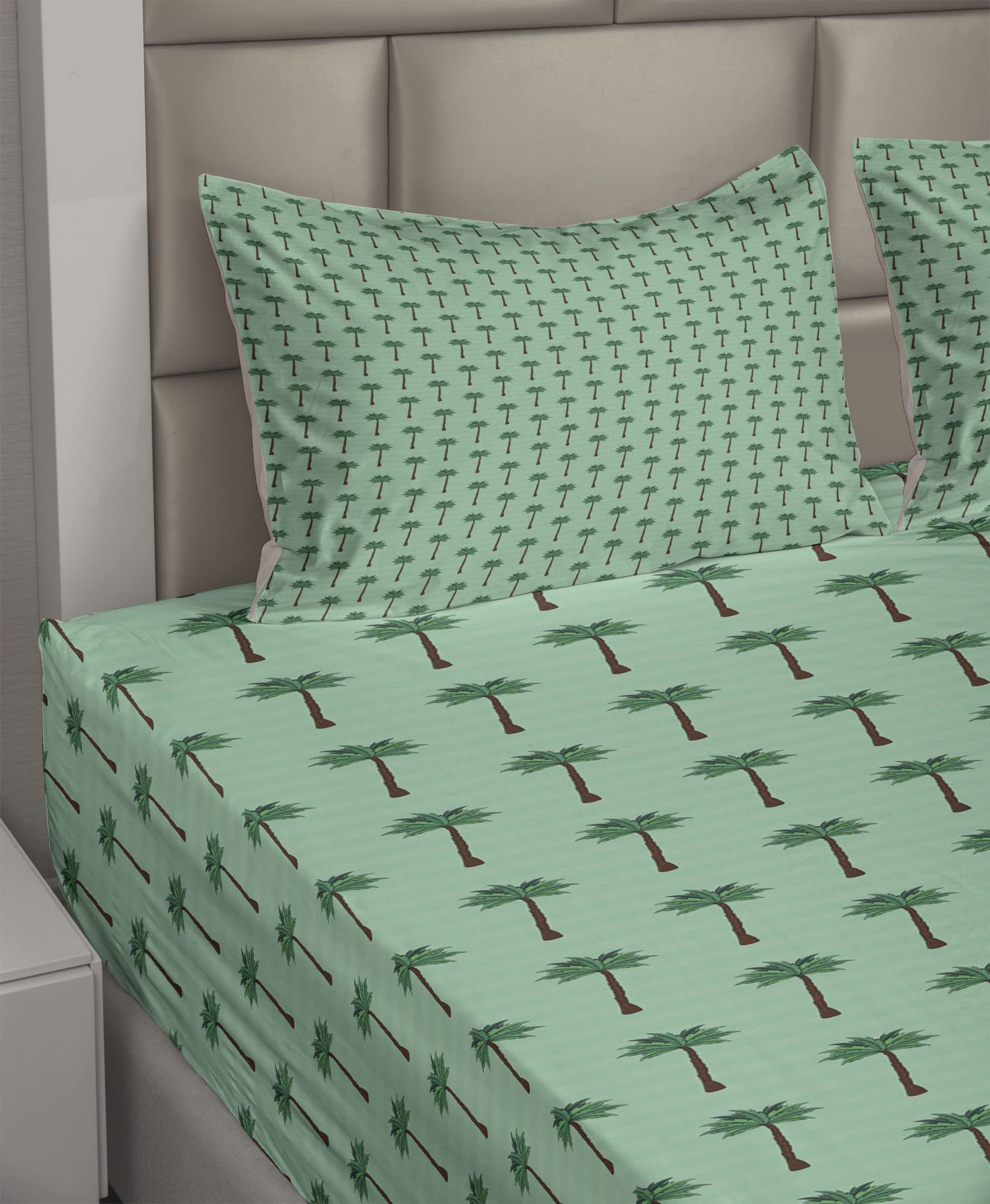 Ambesonne Tropical Palm Tree Stripes 4-Piece King Sheet Set - Fitted Sheet, Flat Sheet & 2 Pillowcases - Seafoam Forest Green Summer Bedding for Beach House, Vacation Rental & Tropical Bedroom Decor