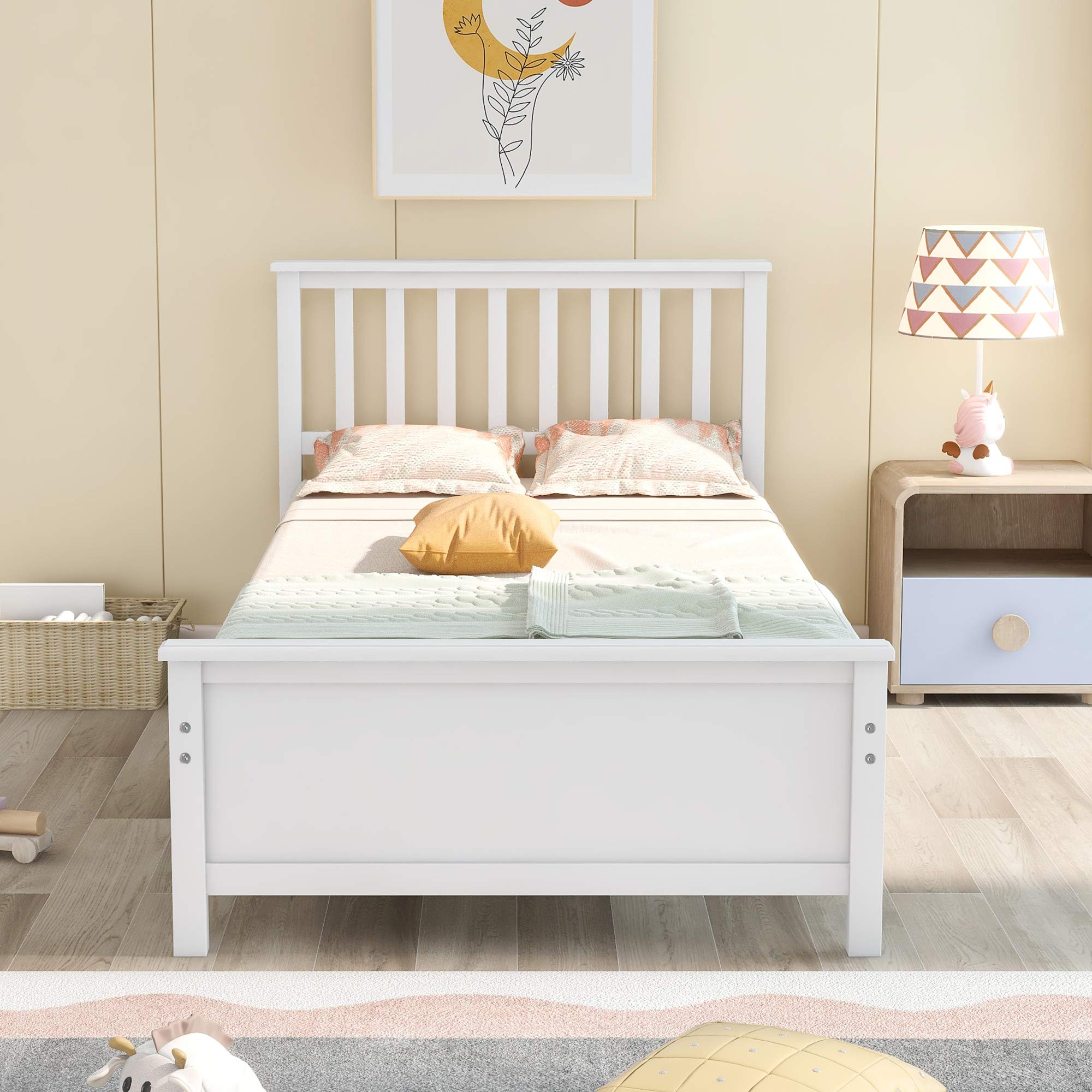 Harper&Bright Designs Solid Wood Platform Bed with Headboard & Footboard - Sturdy Wood Slat Support, No Box Spring Needed - Twin Size, White Finish - Perfect for Modern Bedrooms, Guest Rooms & Dormitories