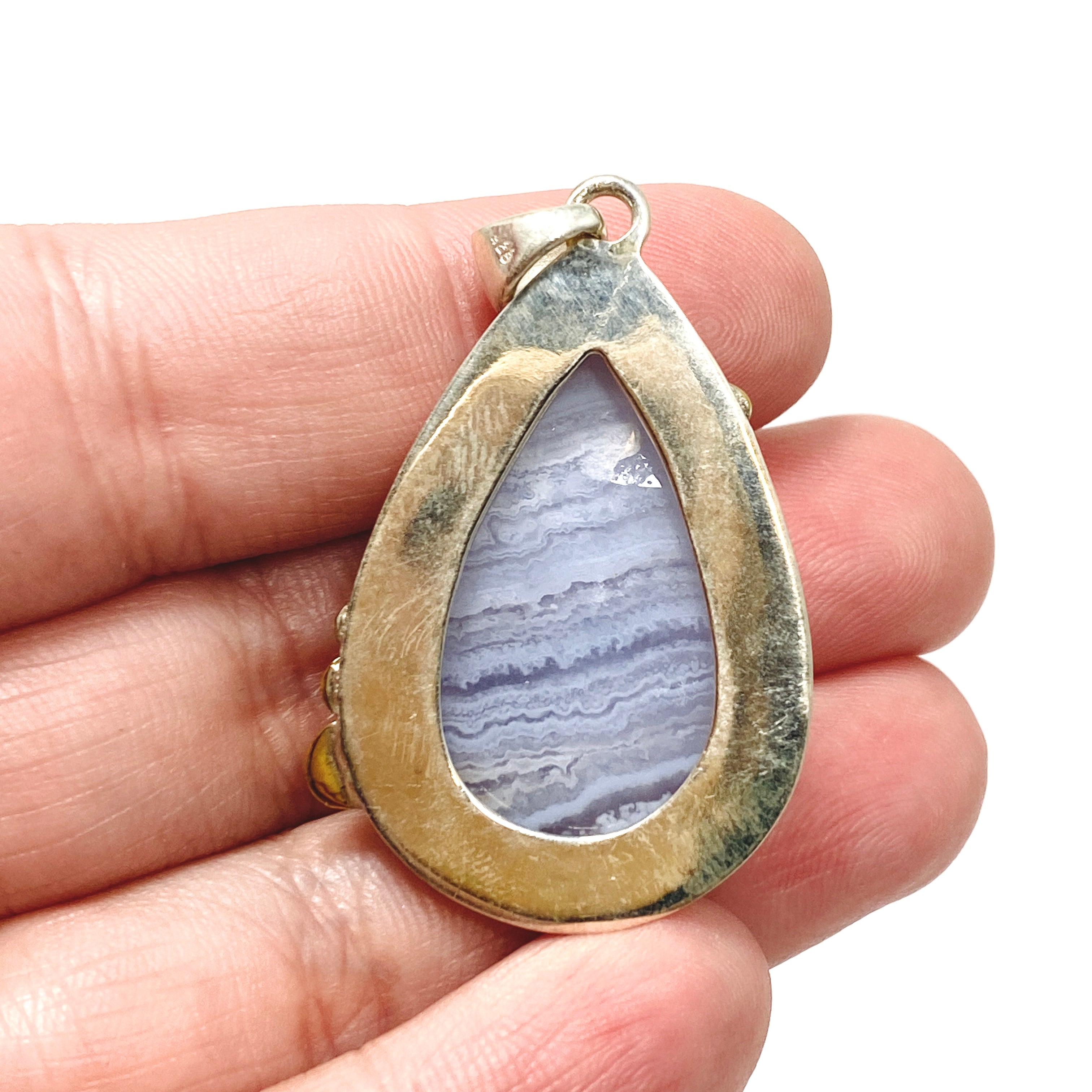 Blue Lace Agate Teardrop Cabochon Pendant - Handcrafted Silver Jewelry KPGJ4833 | Perfect for Boho Chic Outfits & Spiritual Healing
