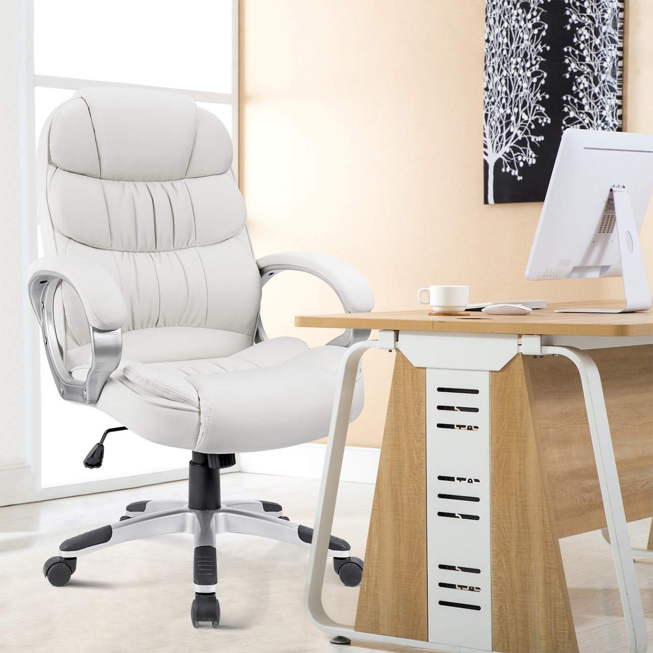Homall High Back Office Chair - Ergonomic PU Leather Executive Desk Chair with Adjustable Height, Swivel Base, Padded Armrests & Lumbar Support for Home & Office Workspace (White) - Perfect for Long Hours Computer Work, Gaming & Conference Rooms