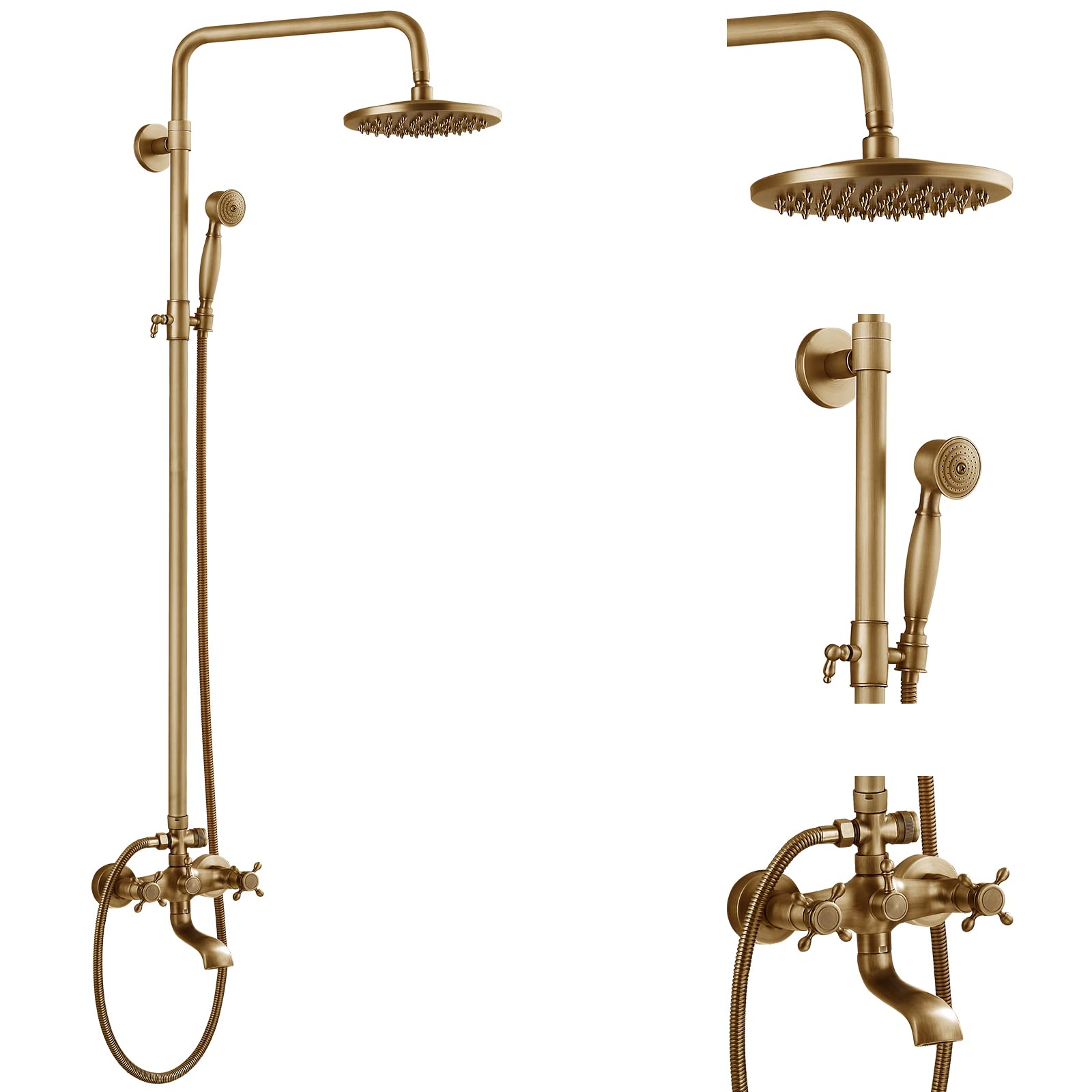 Vintage Antique Brass Tub Shower Faucet Set - 8 Inch Rainfall Shower Head with Handheld Spray, Triple Function Mixer Valve for Bathroom Remodeling | Perfect for Classic & Farmhouse Style Bathrooms