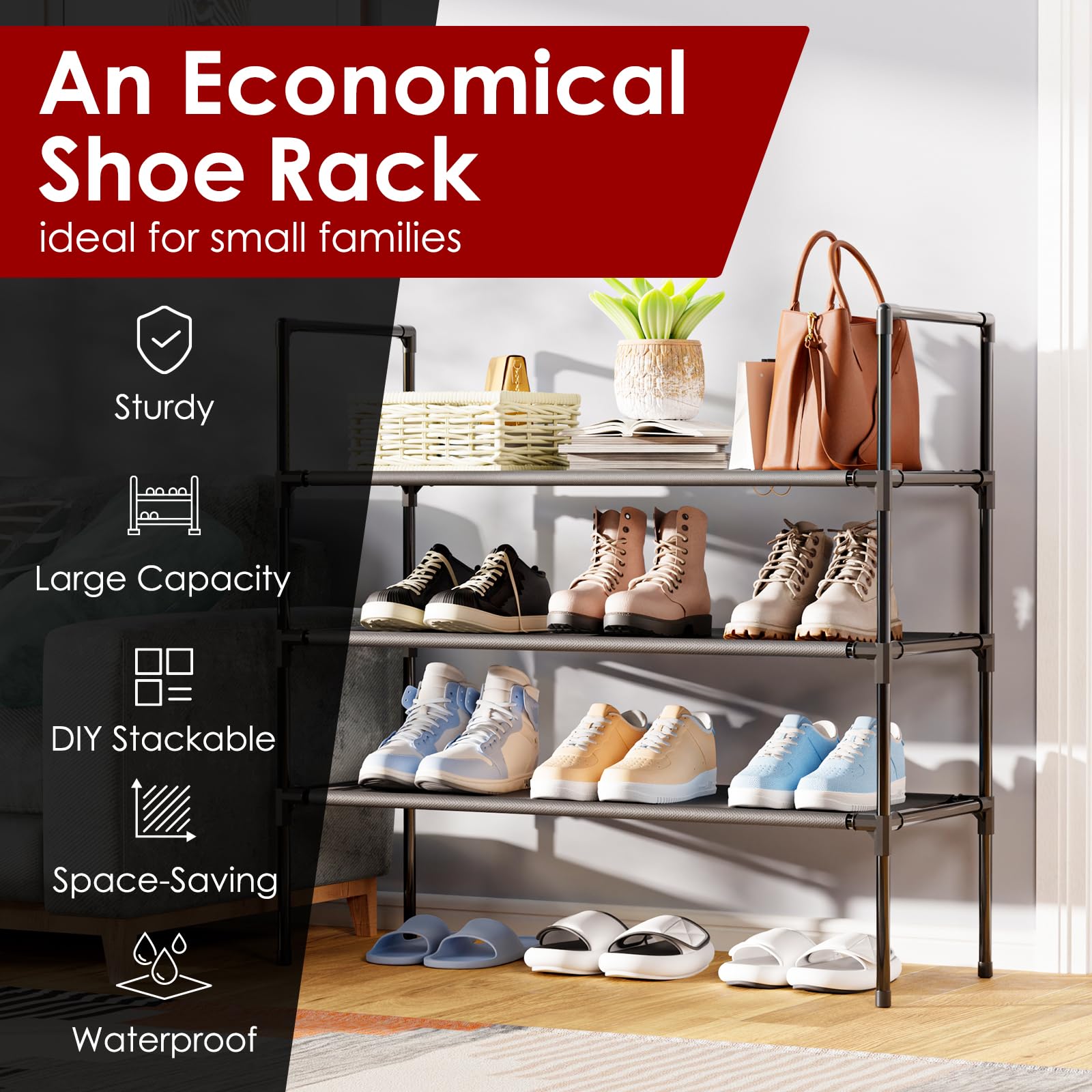 3-Tier Stackable Shoe Rack Organizer with Non-Woven Fabric - Extra Large Black Shoe Storage for Closet, Garage, Entryway & Hallway | Space-Saving Solution for Home, Dorm & Apartment Organization