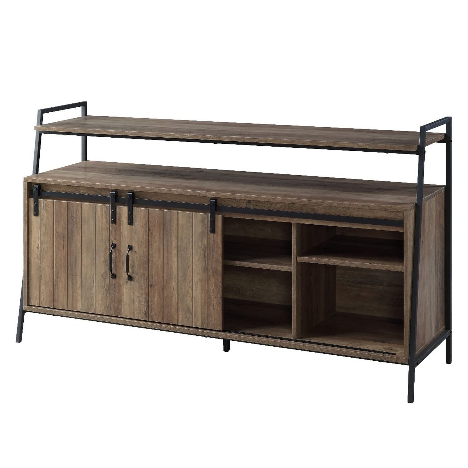 Benzara BM262160 Oak Brown TV Stand with 2 Sliding Barn Doors & Tubular Frame - Modern Farmhouse Entertainment Center for Living Room, Bedroom, or Home Theater