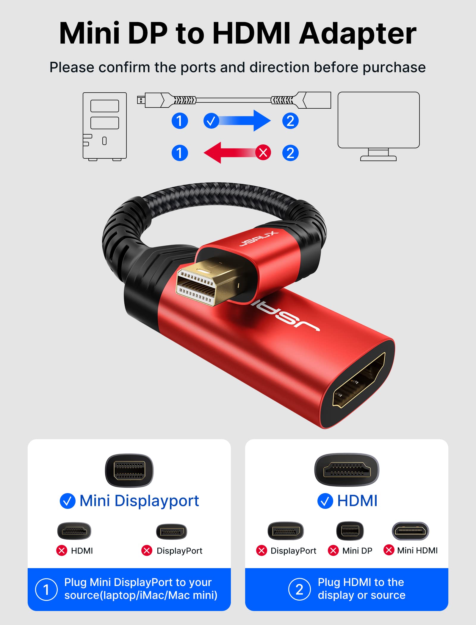 JSAUX Mini DisplayPort to HDMI Adapter - Aluminum Nylon Braided Thunderbolt to HDMI Converter for MacBook Pro/Air, Surface Pro, Monitor, Projector - 4K 60Hz Video Output (Red) - Perfect for Home Office, Gaming & Presentations
