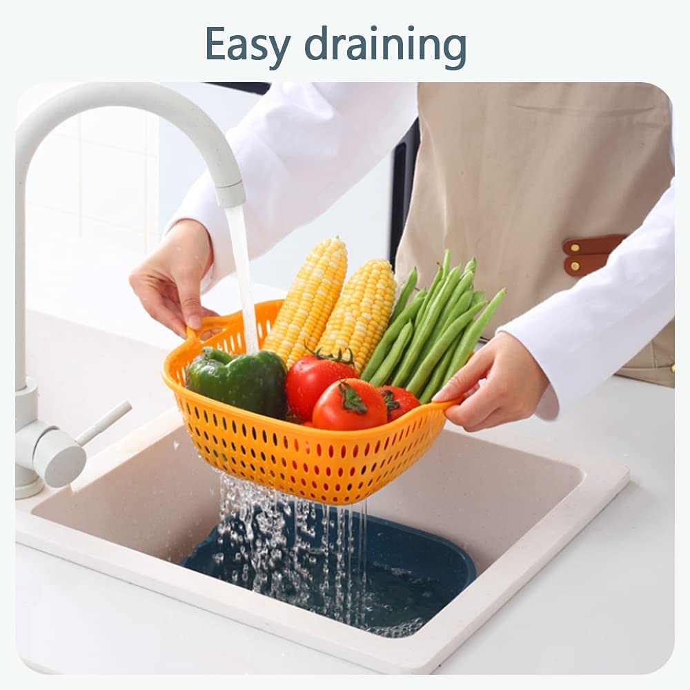 Stackable Multi-Layer Vegetable & Fruit Washing Basket Set - Kitchen Colander Strainer for Washing Produce (Blue & Yellow) - Perfect for Meal Prep, Salad Making & Organizing Fresh Fruits/Veggies