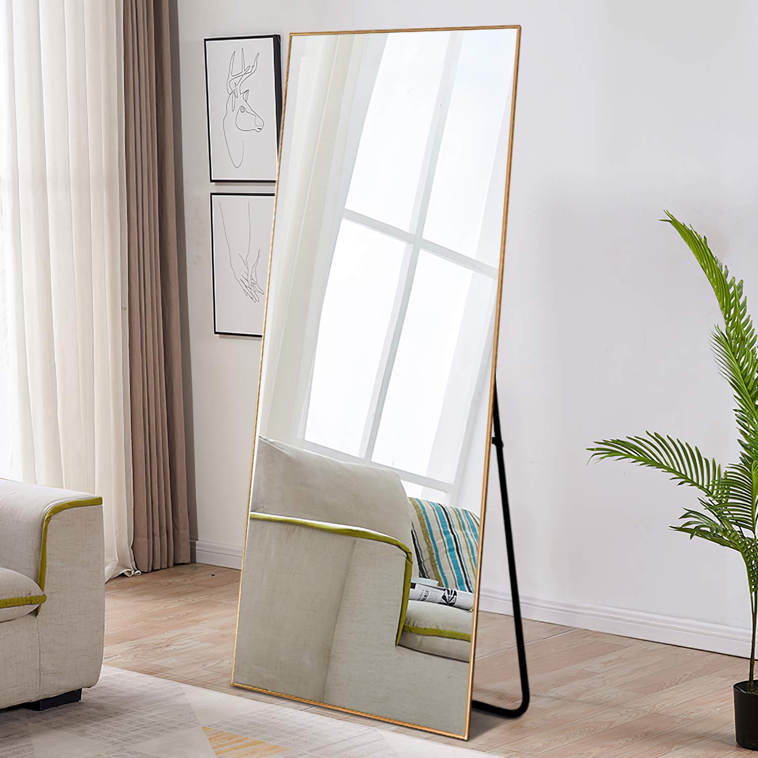 Full Length Floor Mirror - 59x19 Inches Large Standing Mirror with Metal Frame for Bedroom, Bathroom, Living Room Décor - Gold Wall Mounted or Freestanding Full Body Mirror (JJ00756ZZE-5-USAM005) - Perfect for Vanity, Dressing Room, and Home Gym Use