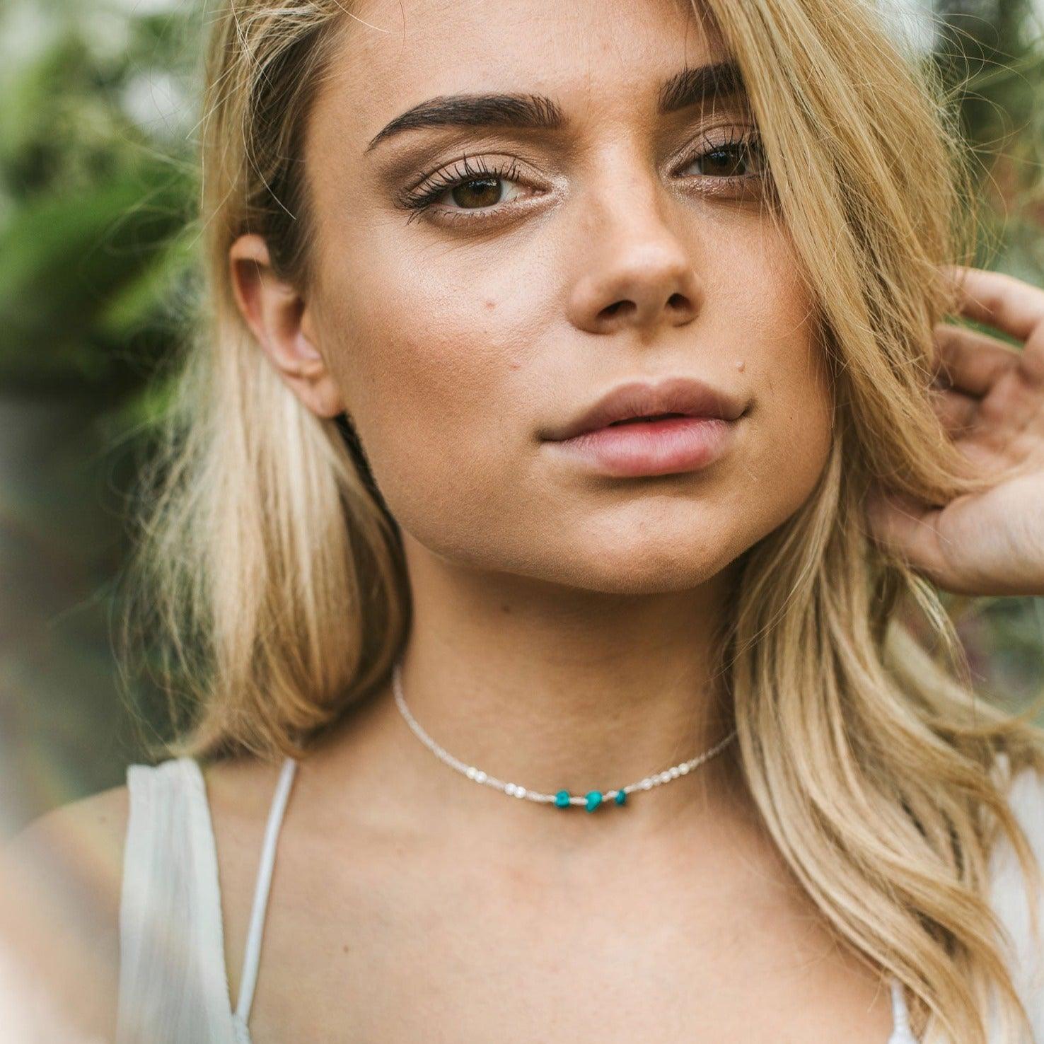 Turquoise Beaded Chain Choker Necklace for Women - Boho Chic Handmade Beaded Jewelry - Perfect for Festivals, Weddings & Everyday Wear