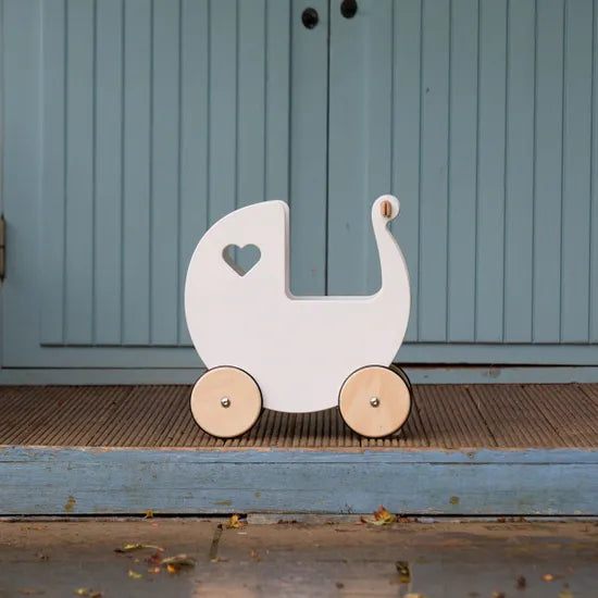 Premium White Wooden Baby Pram - Classic & Stylish Stroller for Newborns & Toddlers - Perfect for Park Walks, Shopping & Outdoor Adventures