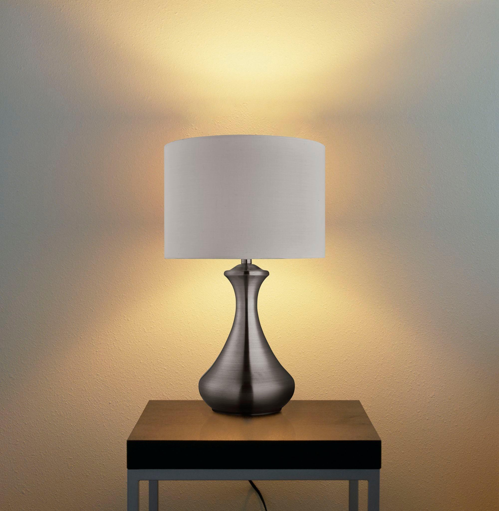 Touch Control Table Lamp with Adjustable Brightness - Satin Silver Finish & White Shade for Bedroom, Living Room, Office Nightstand Lighting