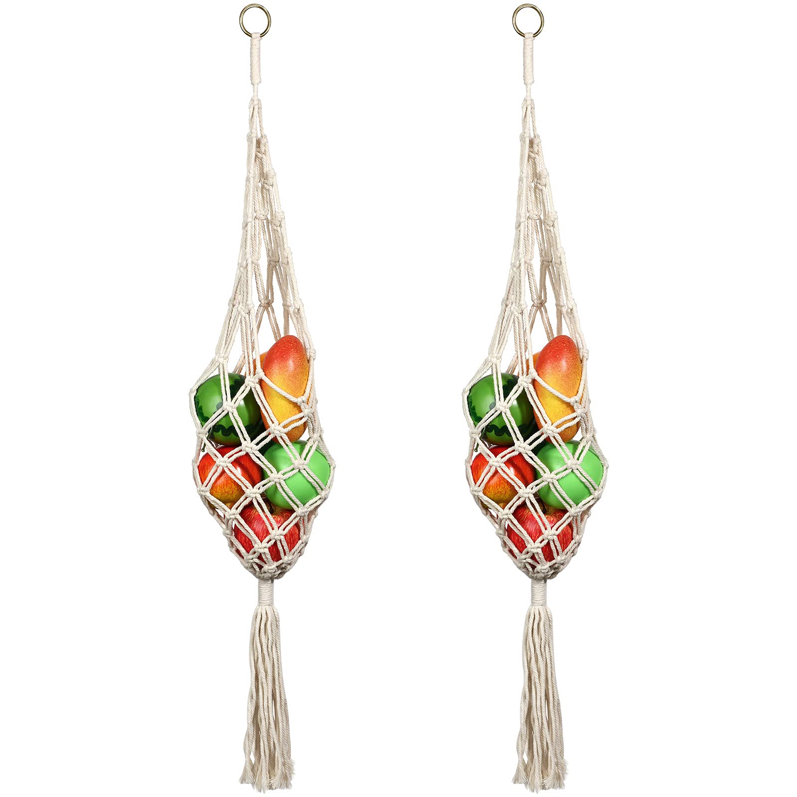 Geiserailie 2-Pack Macrame Hanging Fruit Basket - Breathable Storage for Potatoes, Onions & Produce - Boho Kitchen Decor for Pantry, Farmhouse & Organic Food Display