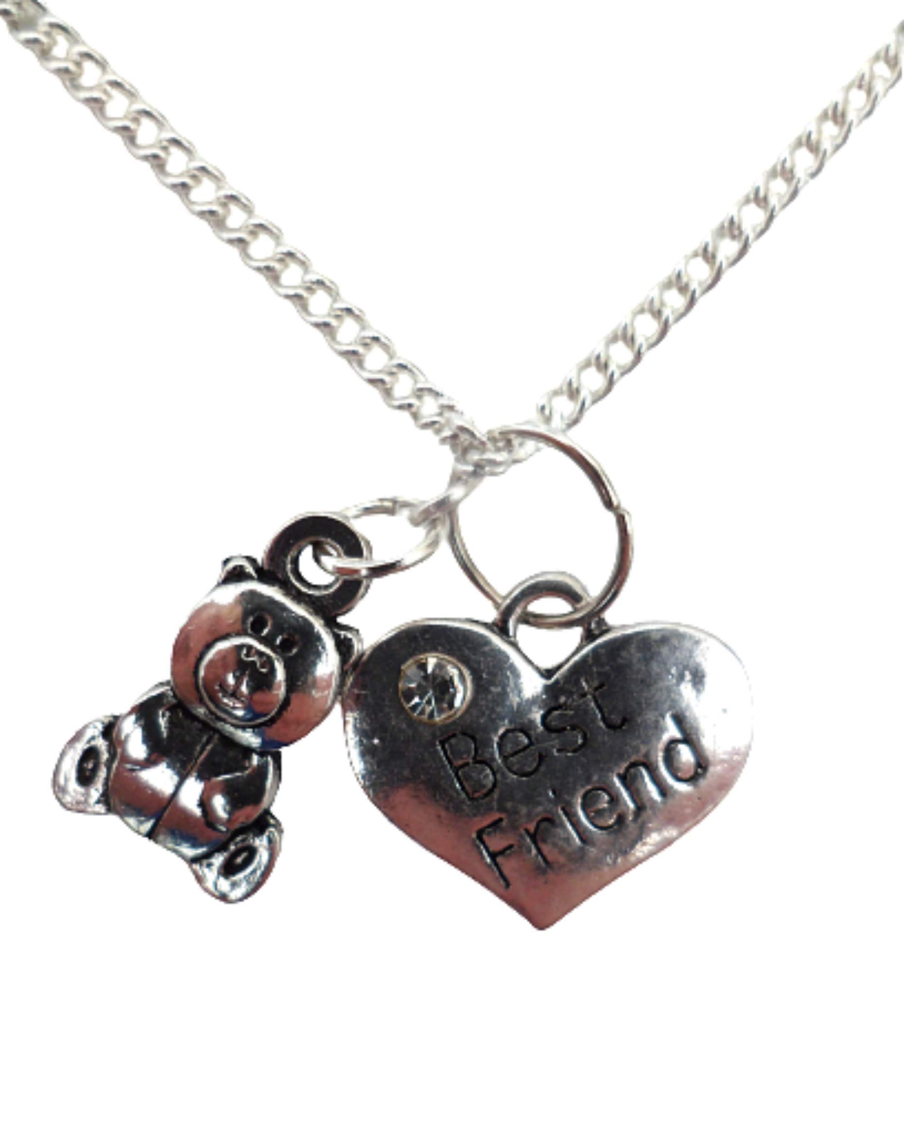Silver Plated Best Friend Heart Charm Necklace with Sitting Bear Pendant, Perfect for Gift Giving, Anniversary, or Daily Wear