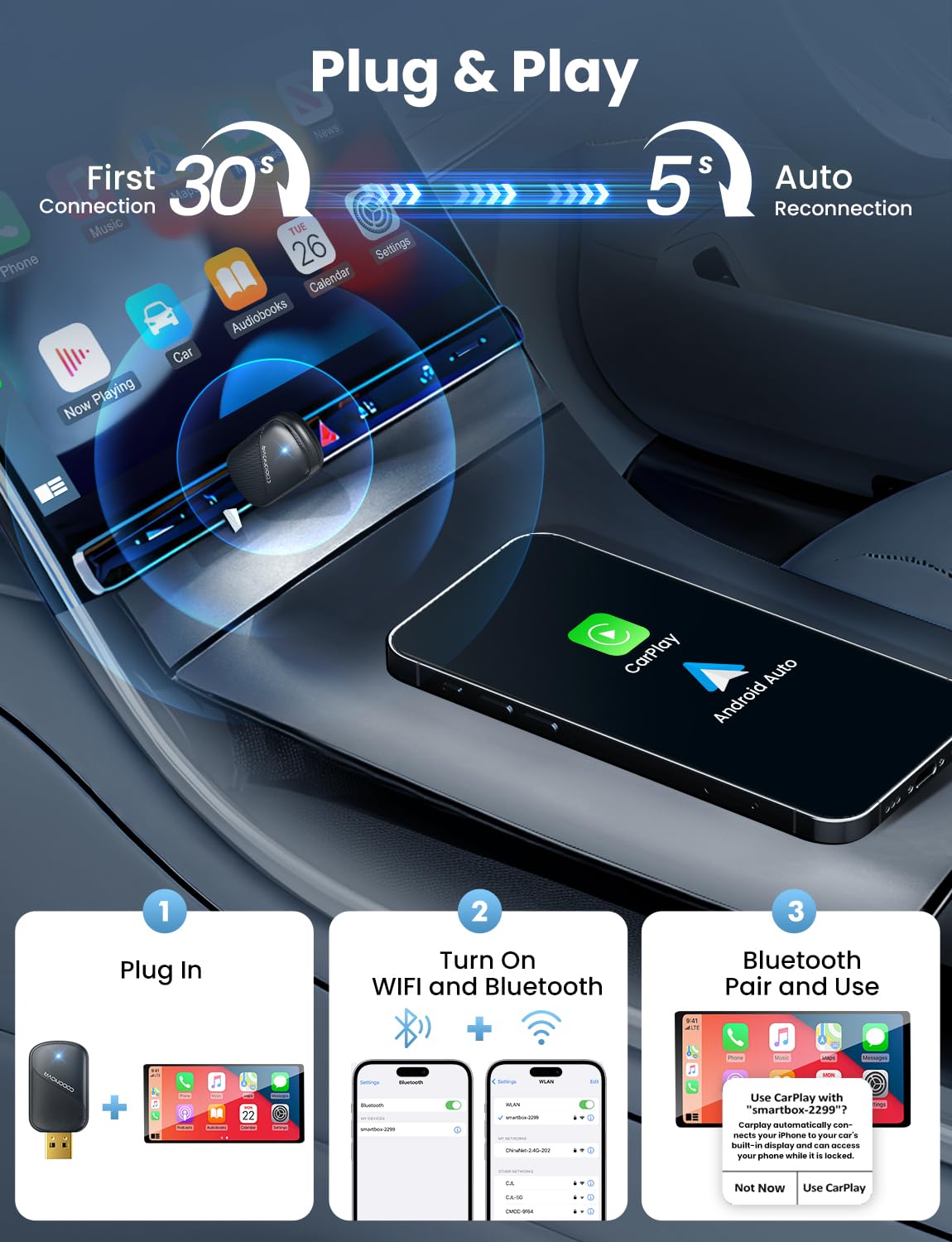 Wireless CarPlay & Android Auto Adapter - Fast Connection, Zero Latency for Cars 2016+ | Compatible with iPhone 6+/Android 10+ (USB-A/Type-C) | Perfect for Commuting, Road Trips & Hands-Free Driving - Black