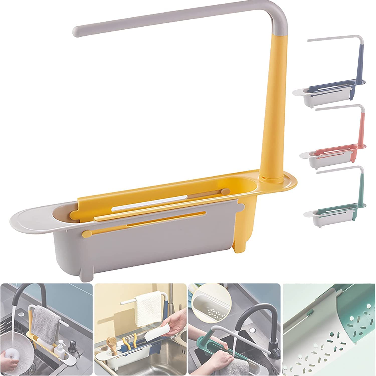 EUKK Expandable Kitchen Sink Organizer - Adjustable Length Dish Drying Rack with Sponge & Soap Holder, Drain Basket & Dishcloth Hanger | Space Saving Storage Solution for Small Kitchens, Apartments & RVs