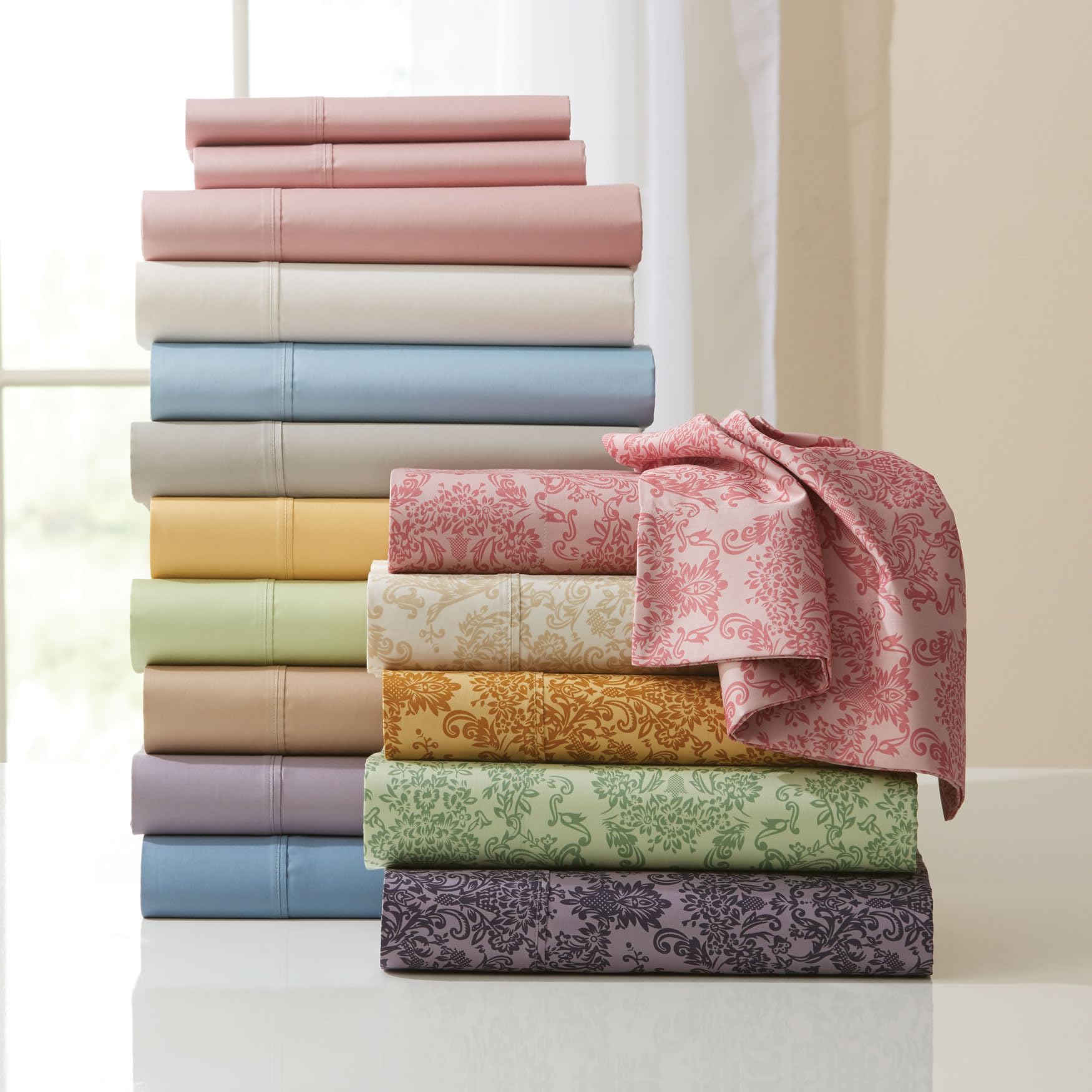 BrylaneHome Printed Damask 6-Piece Queen Sheet Set - Dusty Lilac Floral Bedding for Comfortable Sleep & Luxury Bedroom Decor