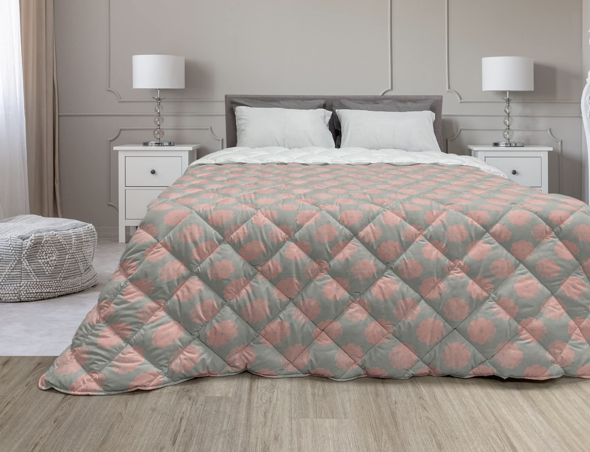 Ambesonne Mandala Down Alternative Comforter King Size - Grunge Toned Flower Petals Pattern Microfiber Quilt for All Seasons | Coral Taupe Grey | Perfect for Yoga Meditation & Boho Bedroom Decor