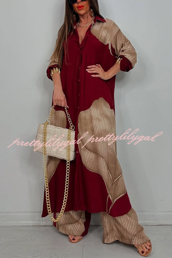 Stylish Printed Casual Loose Long Shirt & Elastic Waist Pocket Wide Leg Pants Set - Women's Comfortable Outfit for Work, Travel and Daily Wear