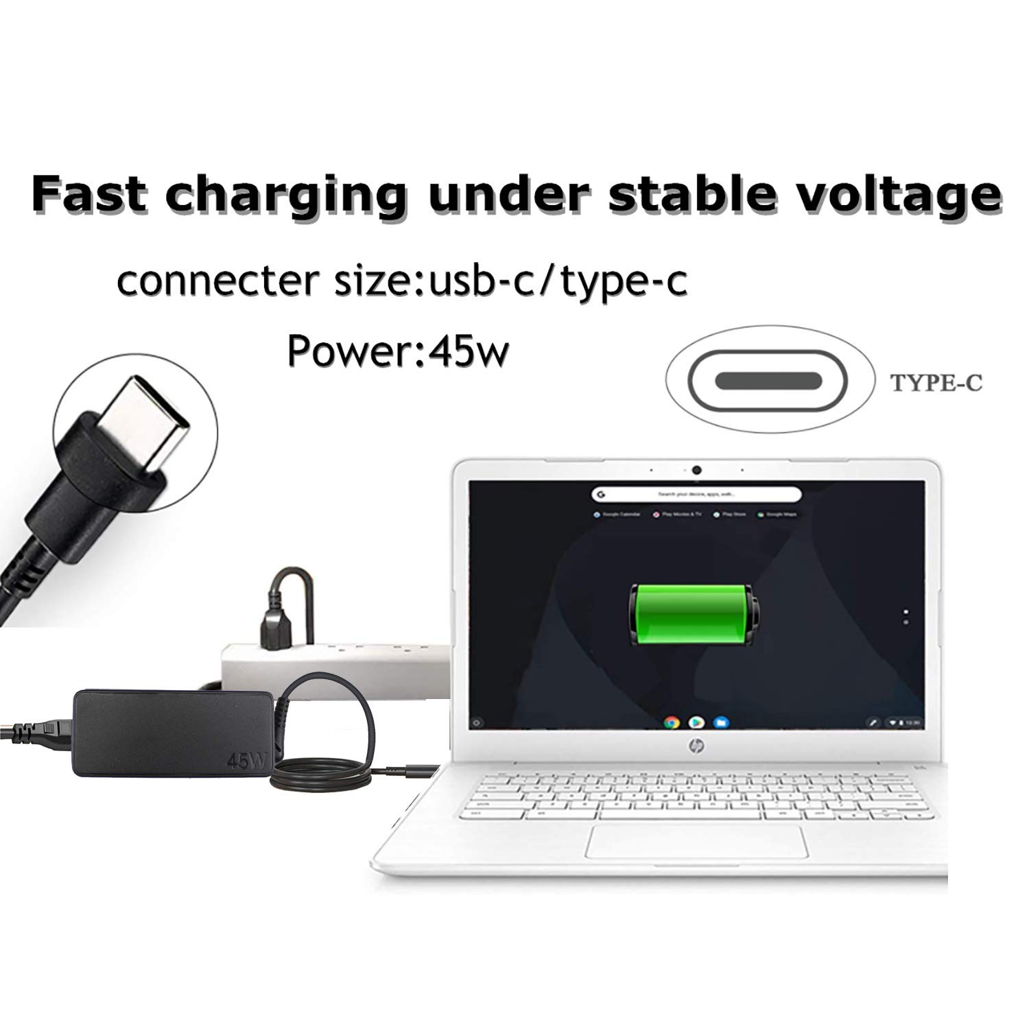 Vinpera 45W USB-C Laptop Charger for Lenovo Chromebook 100e/300e/500e/C330/C340/S340/Yoga S730/ThinkPad T480/T580 | Fast Charging AC Adapter Power Cord | Perfect for Home, Office & Travel Use