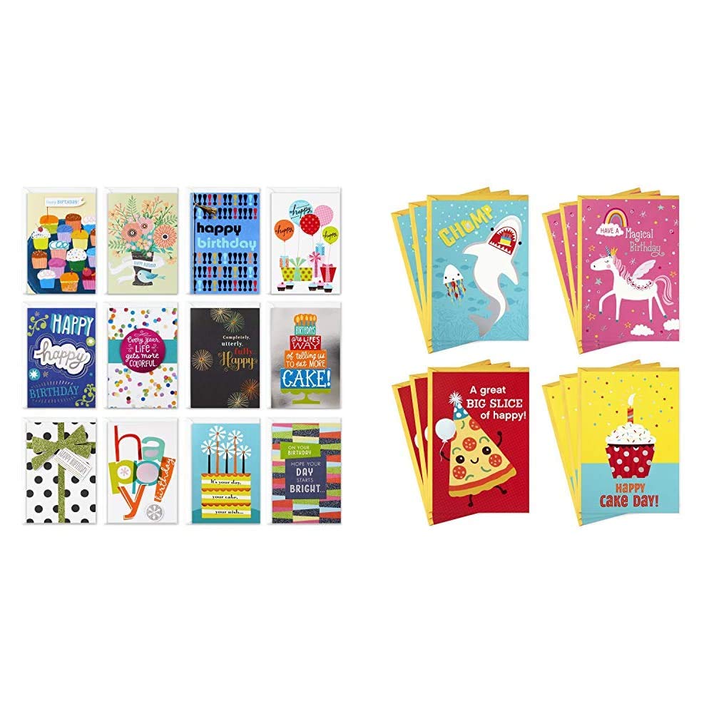 Hallmark Assorted Birthday Greeting Cards - 12 Pack with Envelopes | Kids Birthday Cards Set Featuring Shark & Unicorn Designs - Perfect for Parties, School Events & Family Celebrations