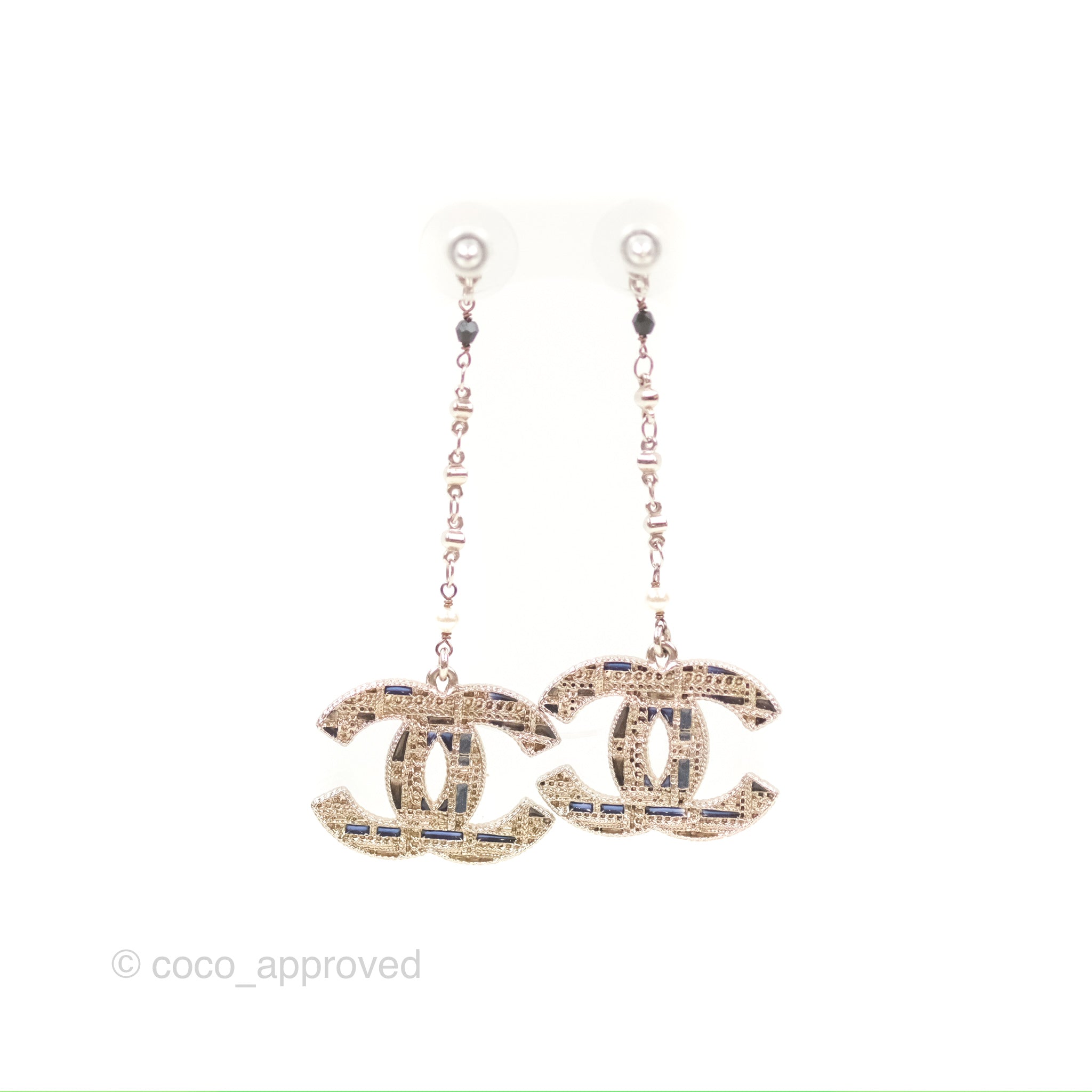 Chanel CC Pearl Resin Drop Earrings Silver Tone 19B - Elegant Pearl Dangle Earrings for Women, Luxury Fashion Jewelry Gift for Party, Wedding & Special Occasions