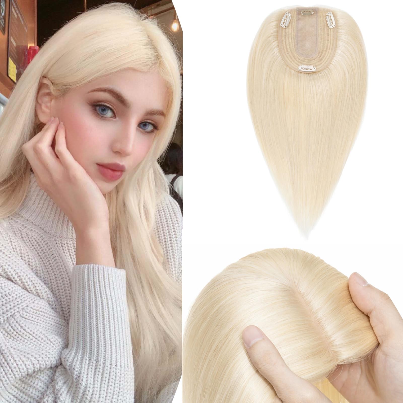 14 Inch Human Hair Toppers for Women - Real Silk Base Clip-in Hair Topper for Thinning Hair | #60 Platinum Blonde 45g | Perfect for Daily Wear, Special Occasions & Hair Volume Enhancement