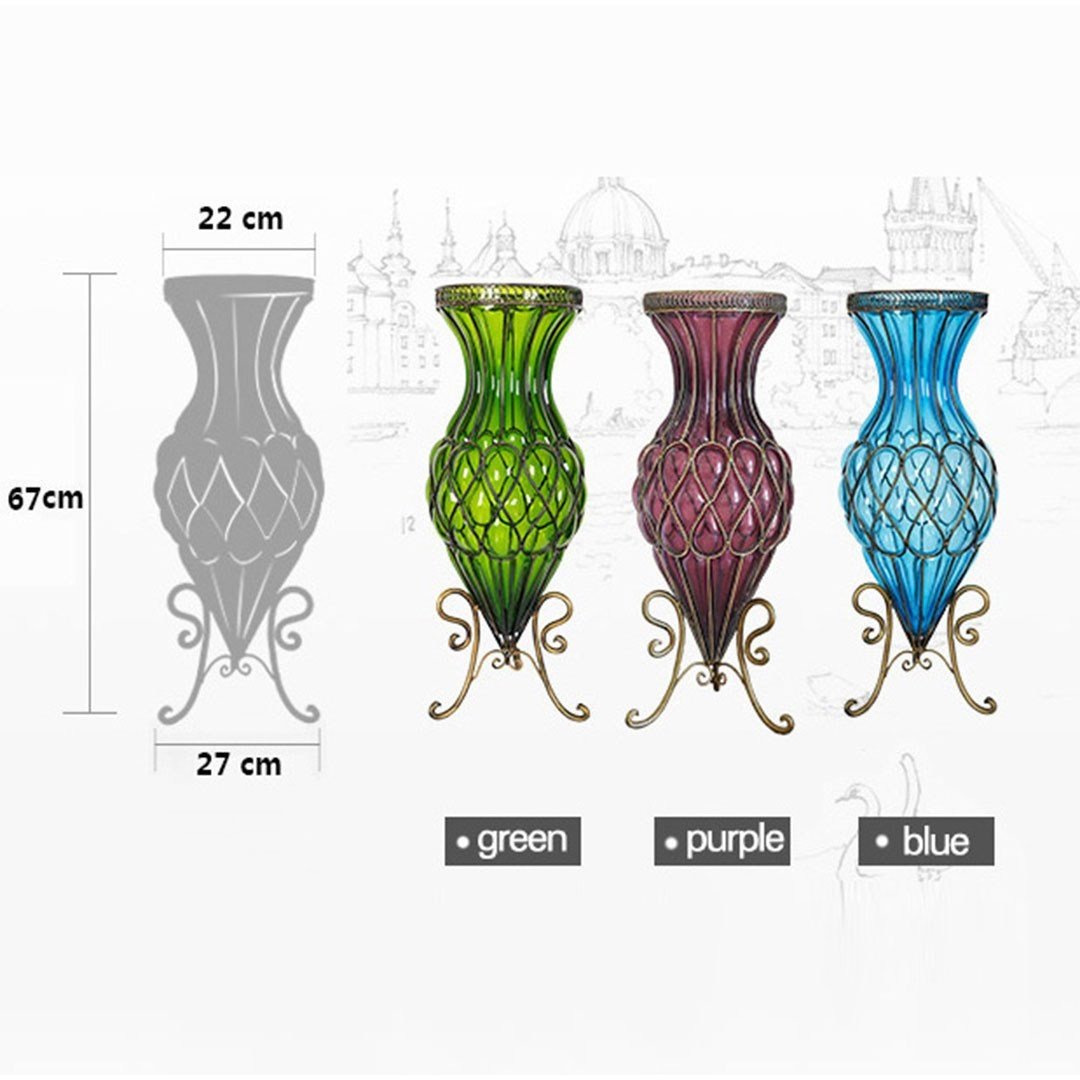 67cm Tall Green Glass Floor Vase with 10 White Artificial Flowers - Modern Home Decor for Living Room, Bedroom & Office Centerpiece