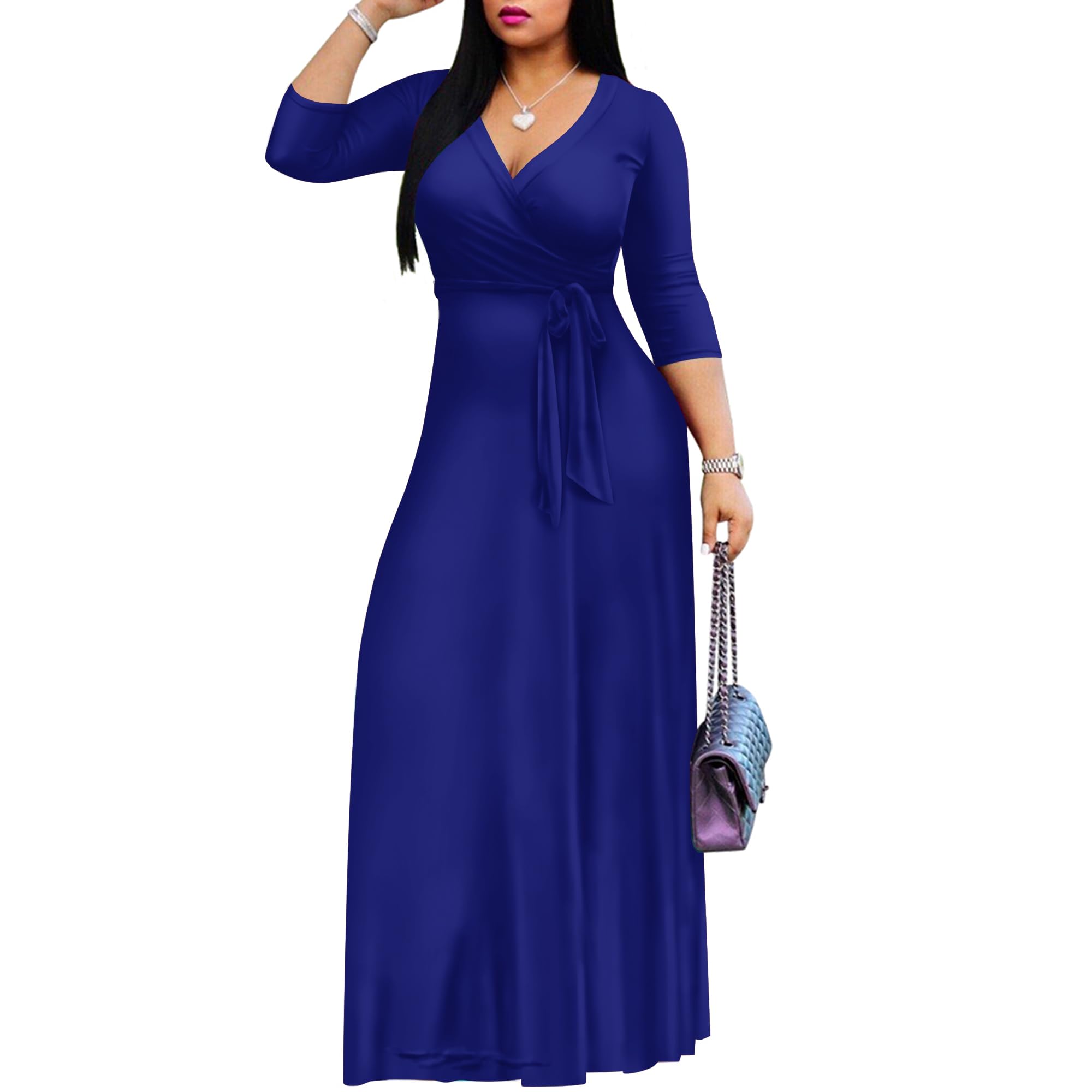 FANDEE Women's 2025 Maxi Dress - Solid Color Bohemian Summer Long Dress with V-Neck & 3/4 Sleeves | Beach Wedding, Vacation, Party Wear | Flowy Casual & Elegant Outfit