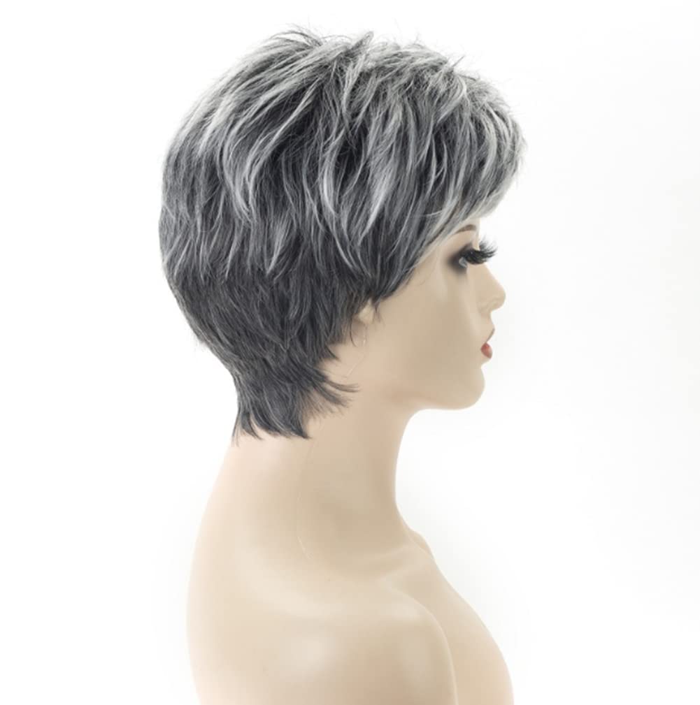 Grey Wig with Oblique Bangs - Fluffy Short Hair Black to Silver Gradient Wig for Women | Natural Daily Use Wig for Girls & Middle-Aged Women | Perfect for Cosplay, Parties & Everyday Styling