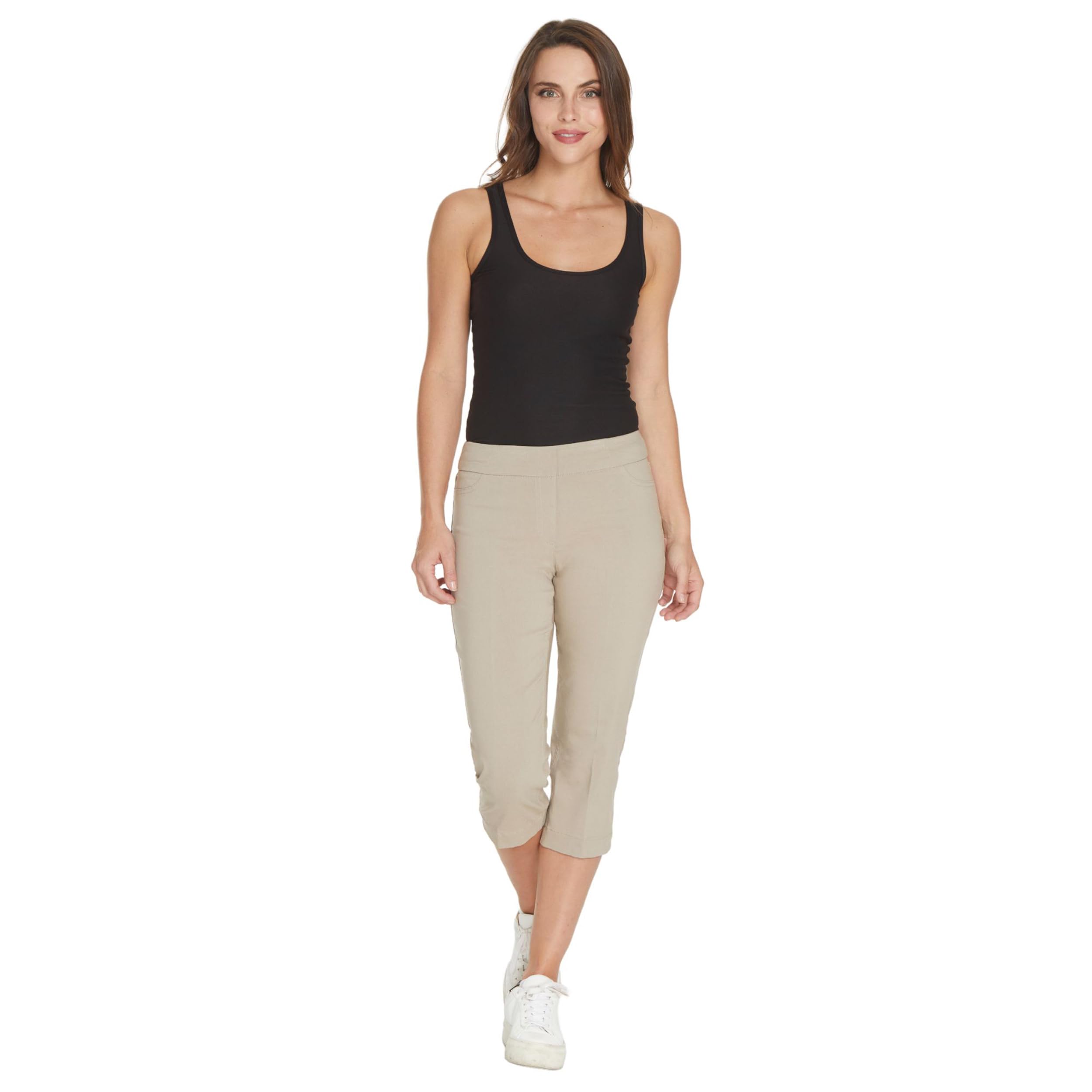 Slim-Sation Women's Tummy Control Wide Waistband Pull-On Straight Leg Capri Pants for Workout, Yoga & Casual Wear