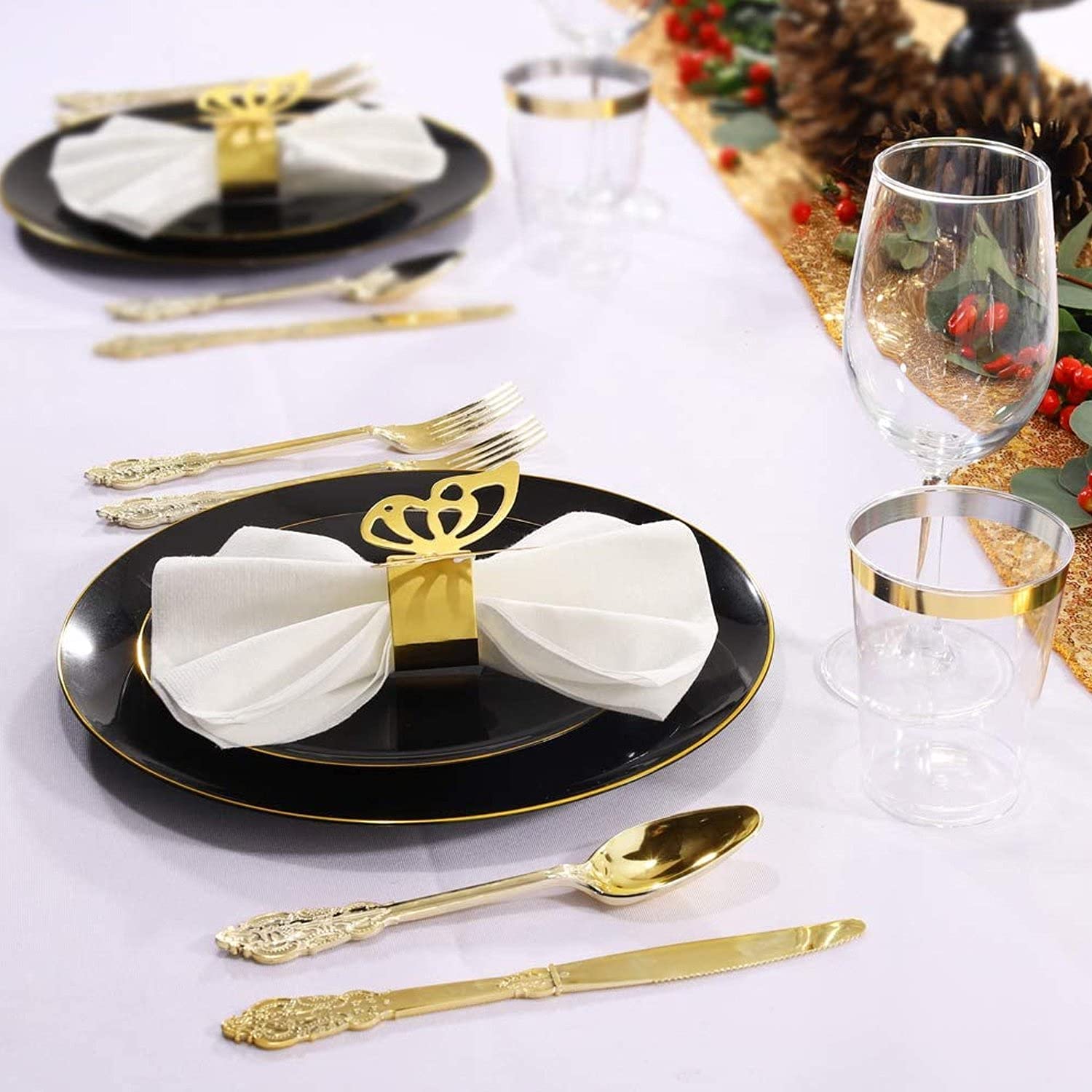 450-Piece Organic Collection Black & Gold Rim Plastic Dinnerware Set - 10