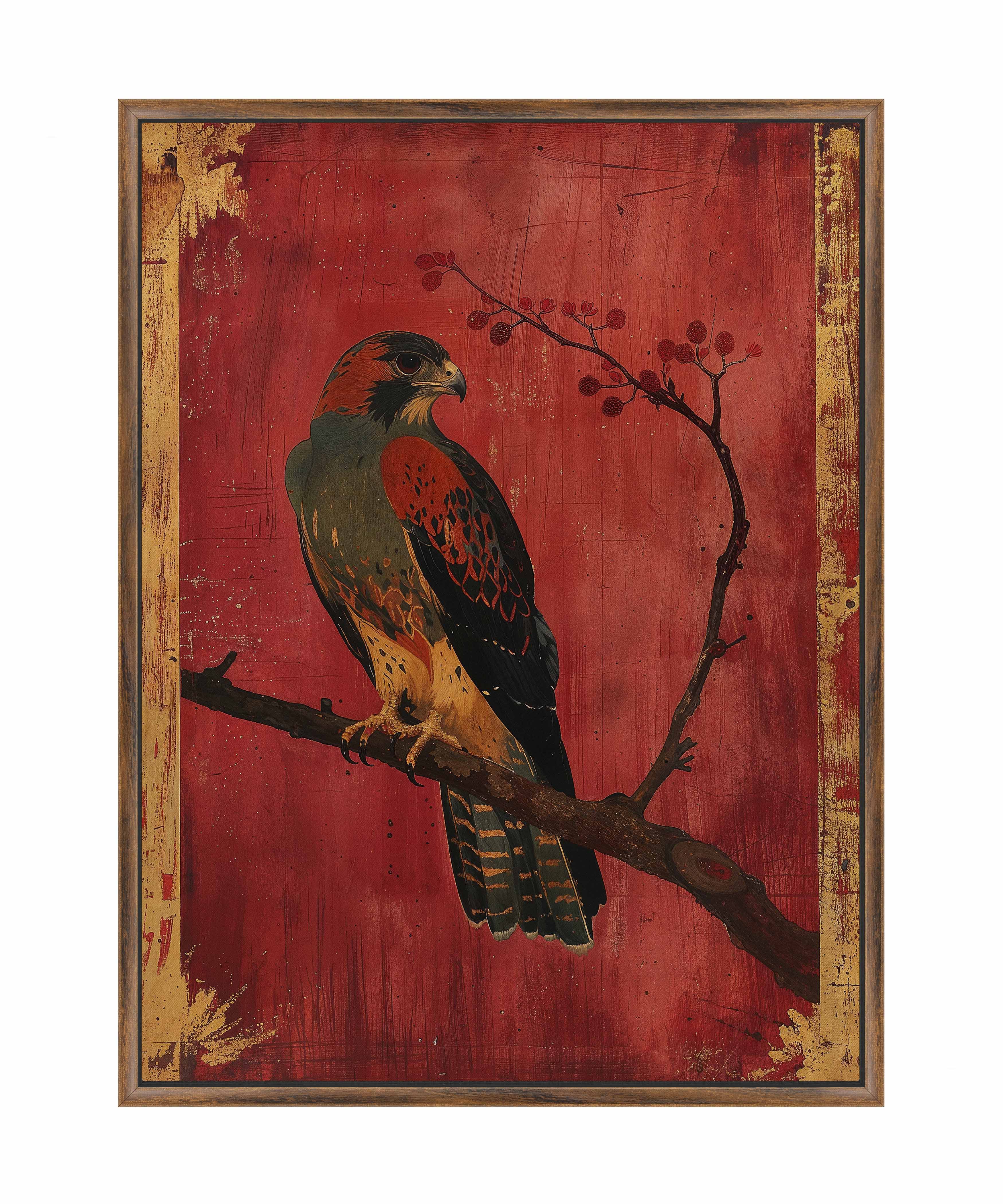Crimson Majesty Falcon of the Silk Road Wall Art - Handmade Gallery Wrapped Canvas Painting for Living Room, Bedroom & Office Decor