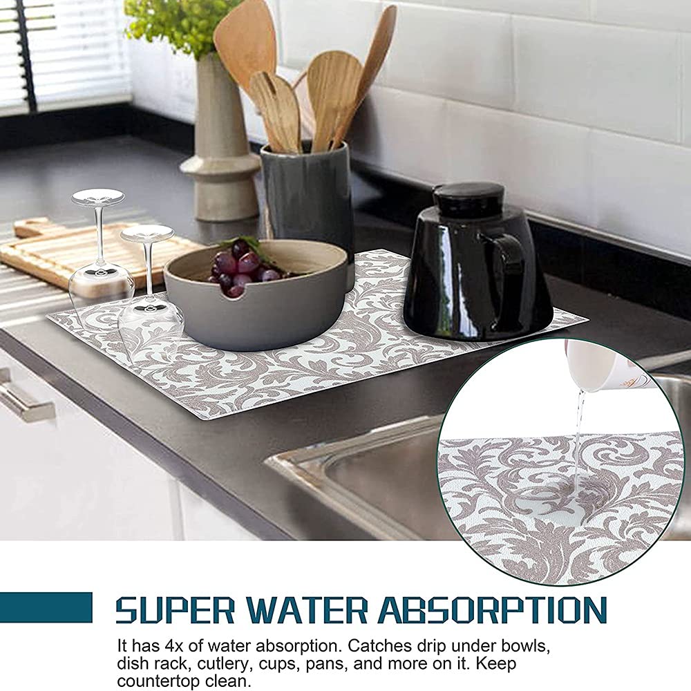 Absorbent Dish Drying Mat - Machine Washable Kitchen Counter Mat (Grey Vine) for Drying Dishes & Utensils