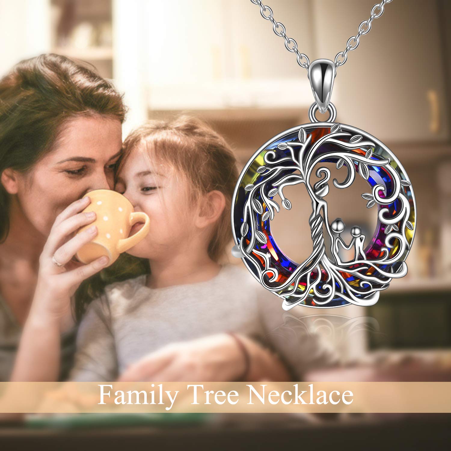 TOUPOP 925 Sterling Silver Family Tree Necklace for Mom, Daughter, Son - Mother's Day, Birthday Gift for Women, Grandma - Elegant Crystal Jewelry for Special Occasions & Family Bonding