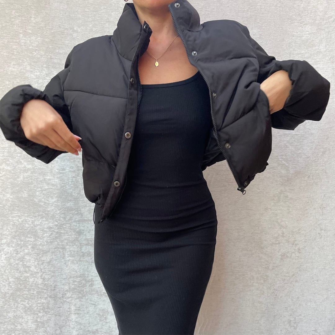 AMARNA Black Cropped Puffer Jacket for Women - Lightweight Winter Coat with Quilted Design | Perfect for Casual Outfits, Streetwear & Cold Weather Fashion
