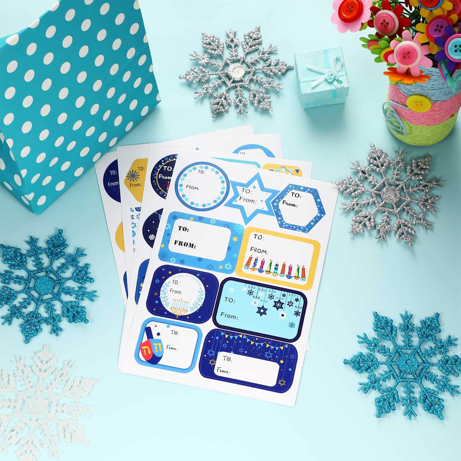 216 Hanukkah Labels & Tag Stickers - Self-Adhesive Party Decorations for Windows, Gifts, Cards, and Holiday Favors - Perfect for Jewish Festival Celebrations
