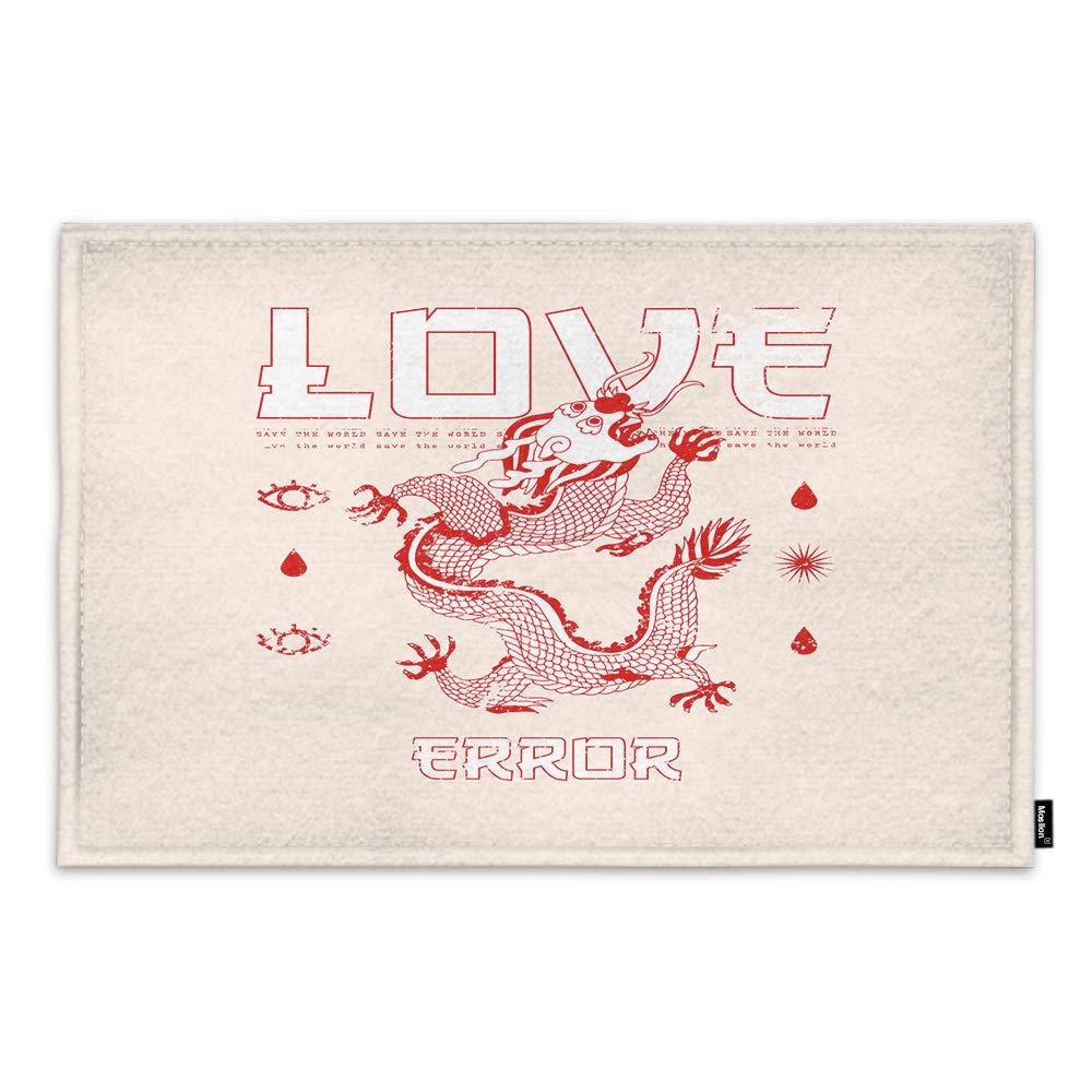 Moslion Love Kitchen Mat 18 x 30 Inch - Red Dragon Chinese Traditional Totem Mascot Non-Slip Bath Rug - Soft Velvet Crystal Floor Mat for Kitchen, Bathroom, Bedroom & Entryway - Perfect for Home Decor, Gift & Feng Shui Harmony