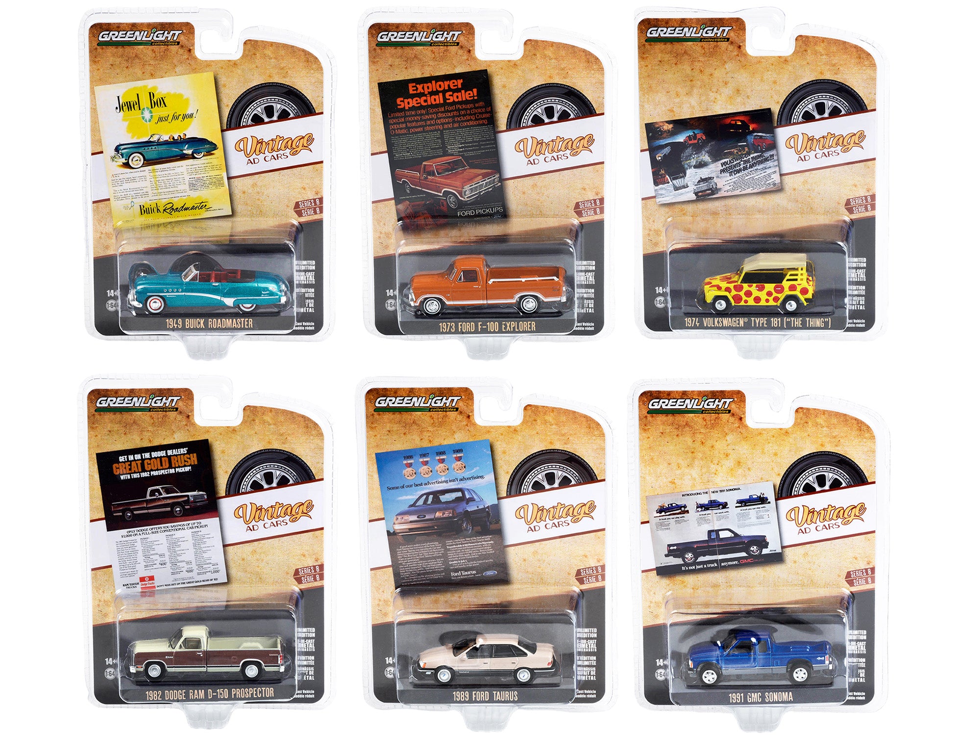 Vintage Ad Cars Set of 6 Pieces Series 8 1/64 Diecast Model Cars by Greenlight - Collectible Miniature Vehicles for Display, Gifts & Car Enthusiasts