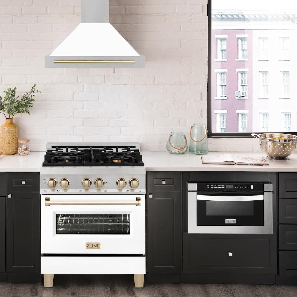 ZLINE KB4SNZ WM30 G 30-Inch Convertible Wall Mount Range Hood - Satin Stainless Steel with White Matte Shell & Polished Gold Handle - Autograph Edition - Perfect for Modern Kitchens & Open-Concept Homes
