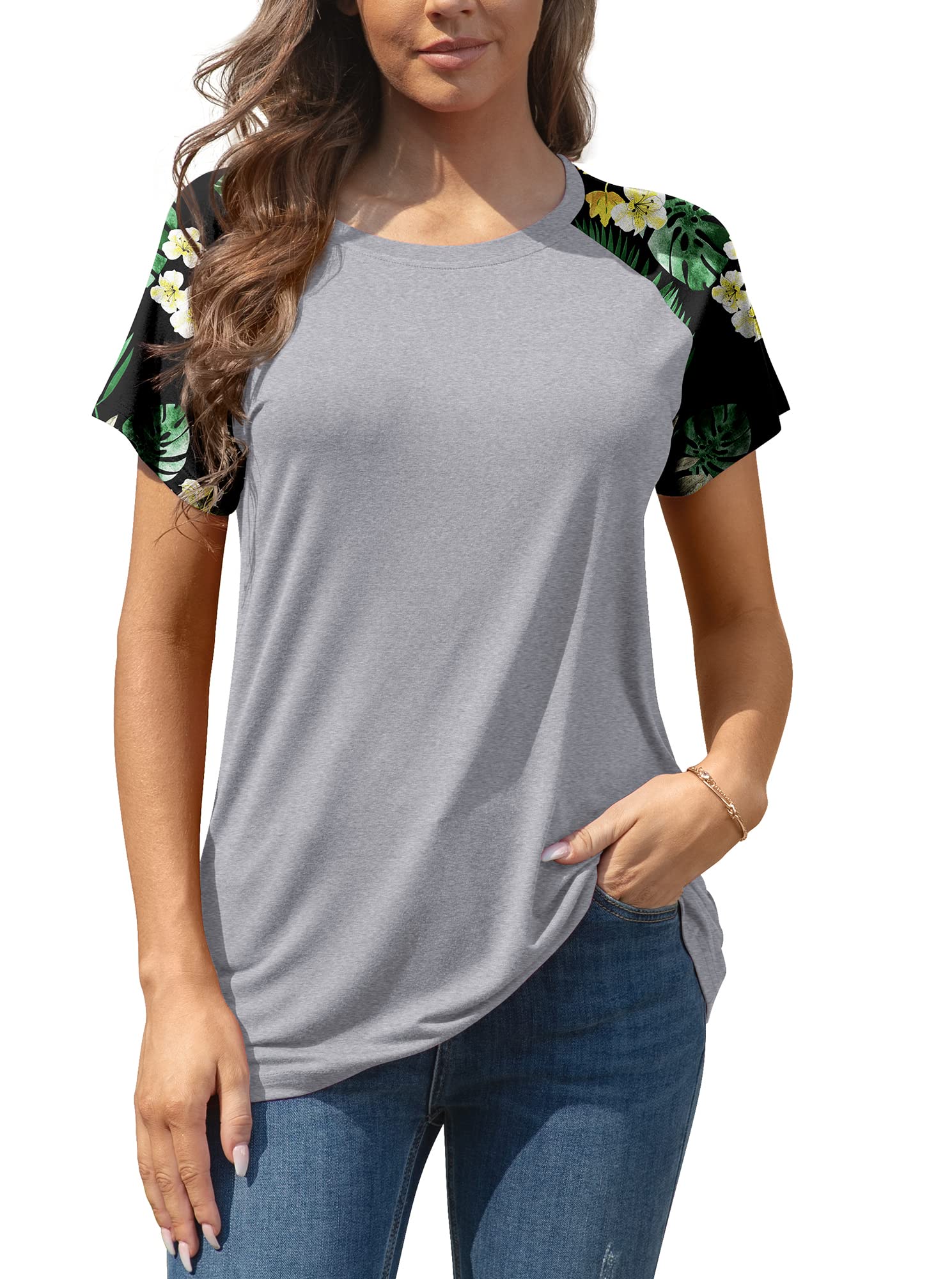 AYIFU Women's Floral Print Long & Short Sleeve Raglan Tee Shirts - Casual Crew Neck Tunic Tops for Everyday Wear, Work & Weekend Outfits