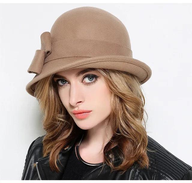 Women's Wool Felt Winter Hat with Asymmetric Bowknot - Elegant Formal Headwear for Cold Weather - Perfect for Office, Parties, and Holiday Outfits