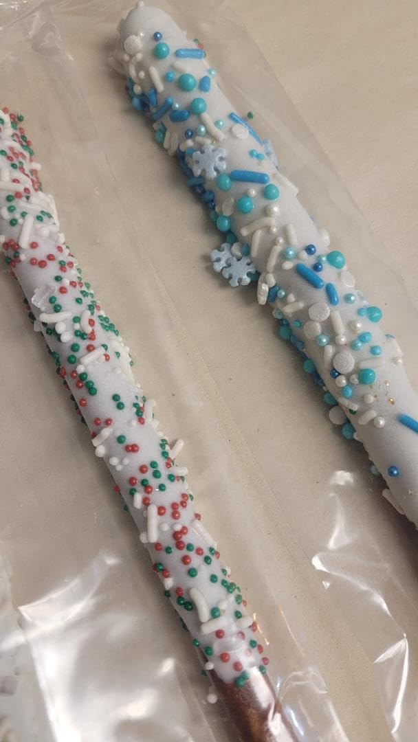 Premium White Chocolate Covered Pretzel Rods with Holiday Toppings - Perfect for Christmas Gifts, Party Snacks & Festive Treats