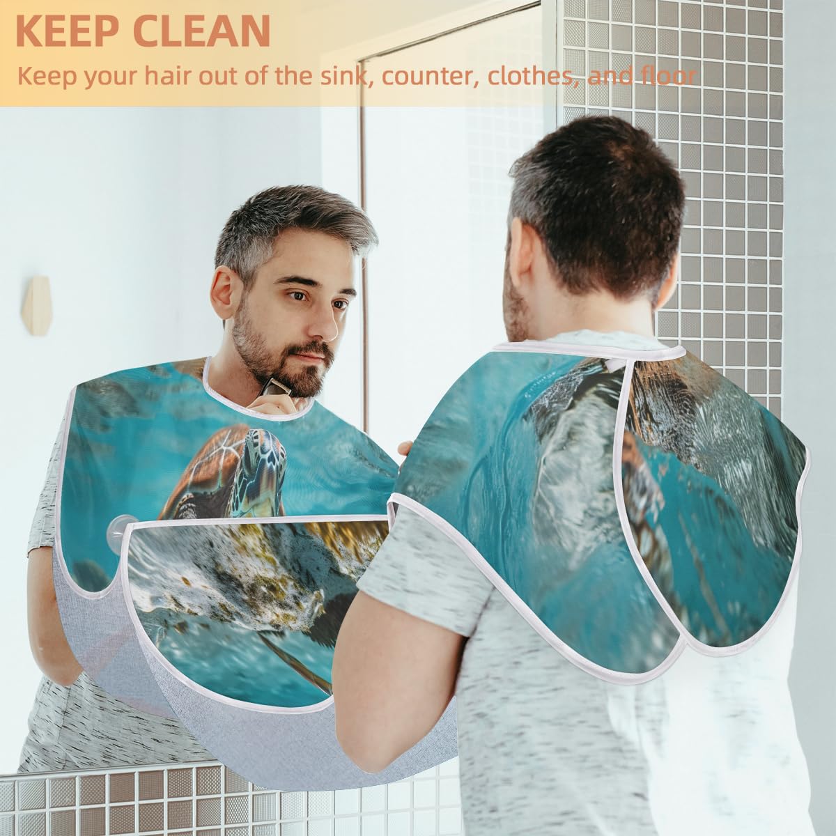 Waterproof Sea Turtle Beard Bib for Men - Non-Slip Shaving Apron with Suction Cups, Hair Catcher Cape for Grooming - Perfect Gift for Husband & Dad (Great for Bathroom Shaving & Beard Trimming)
