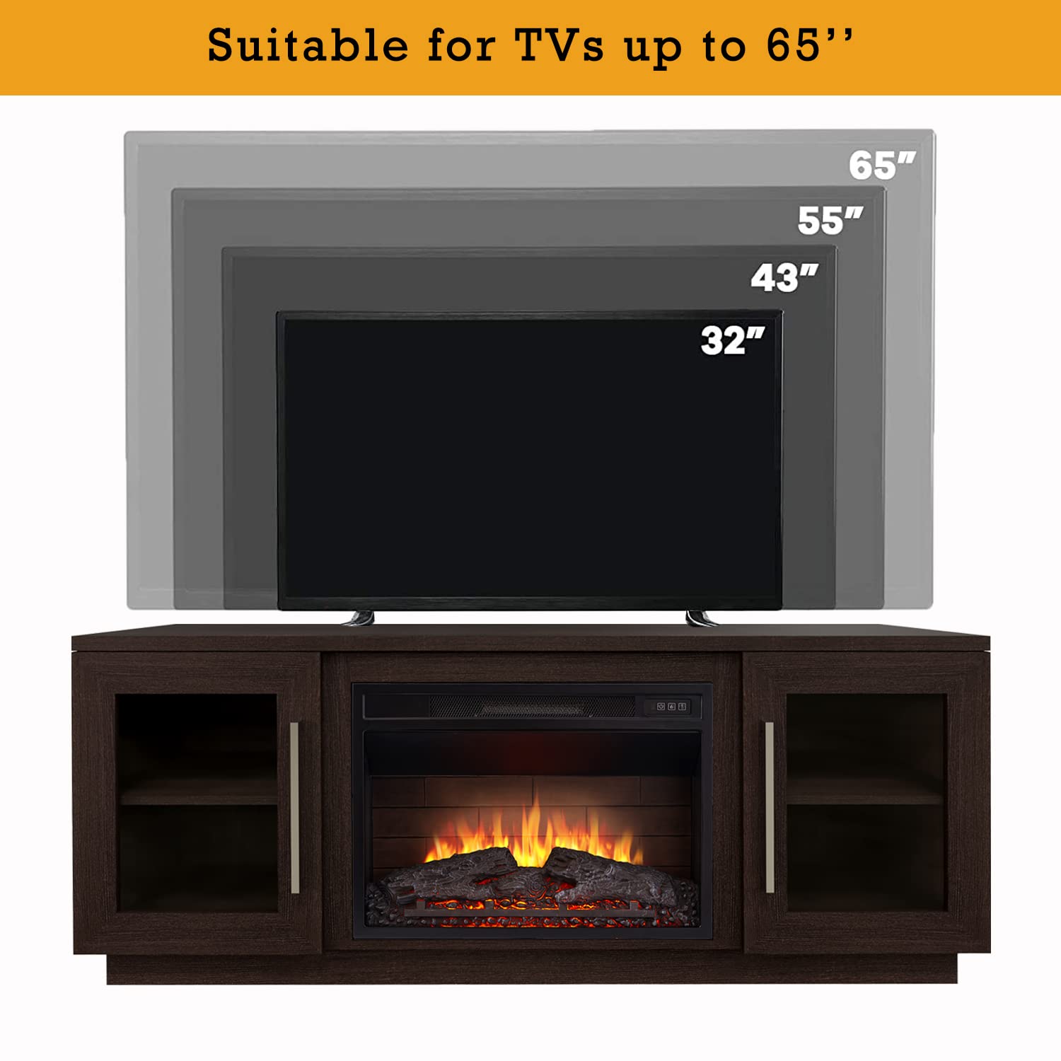 Cheerway 65 Inch TV Stand with Electric Fireplace - Wooden Entertainment Center with 6 Storage Shelves, Barn Doors & Remote Control - Adjustable Flame for Living Room, Bedroom & Home Theater Setup