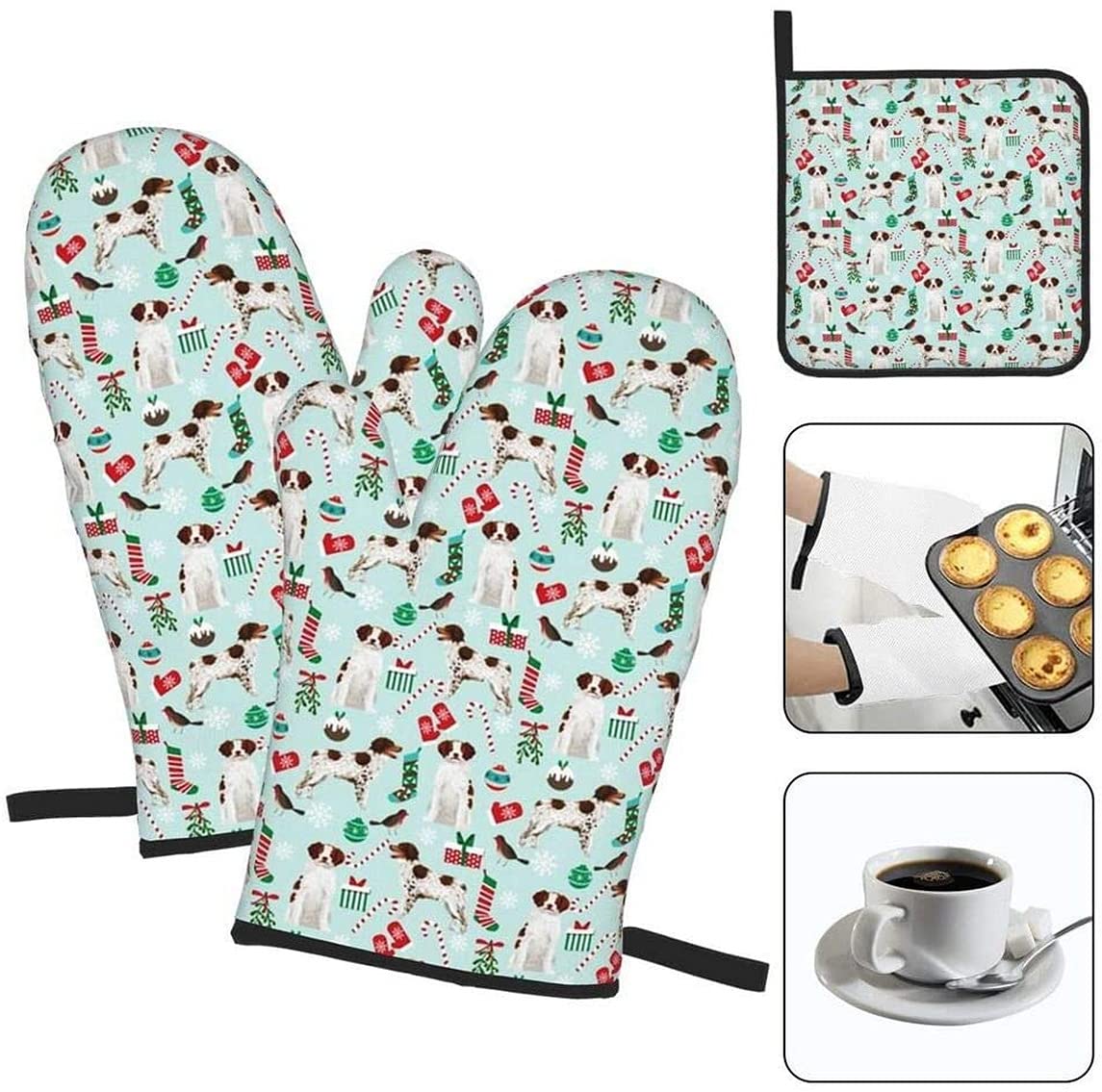 Brittany Spaniel Christmas Dog Pattern Oven Mitts and Pot Holders Set of 3 - Heat Resistant Kitchen Gloves for Cooking, Baking, BBQ & Grilling - Perfect Holiday Gift for Dog Lovers